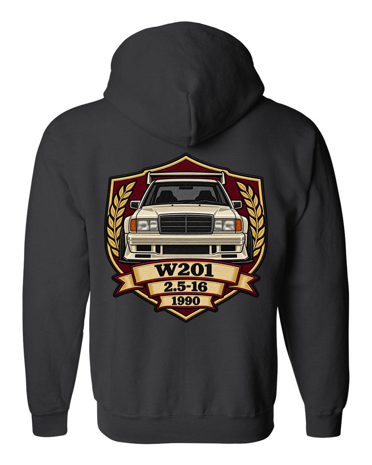 Embroidery-style shield crest print of a Mercedes-Benz 190E Evo II W201, 2.5-16, 1990 black zip hoodie back view with the design