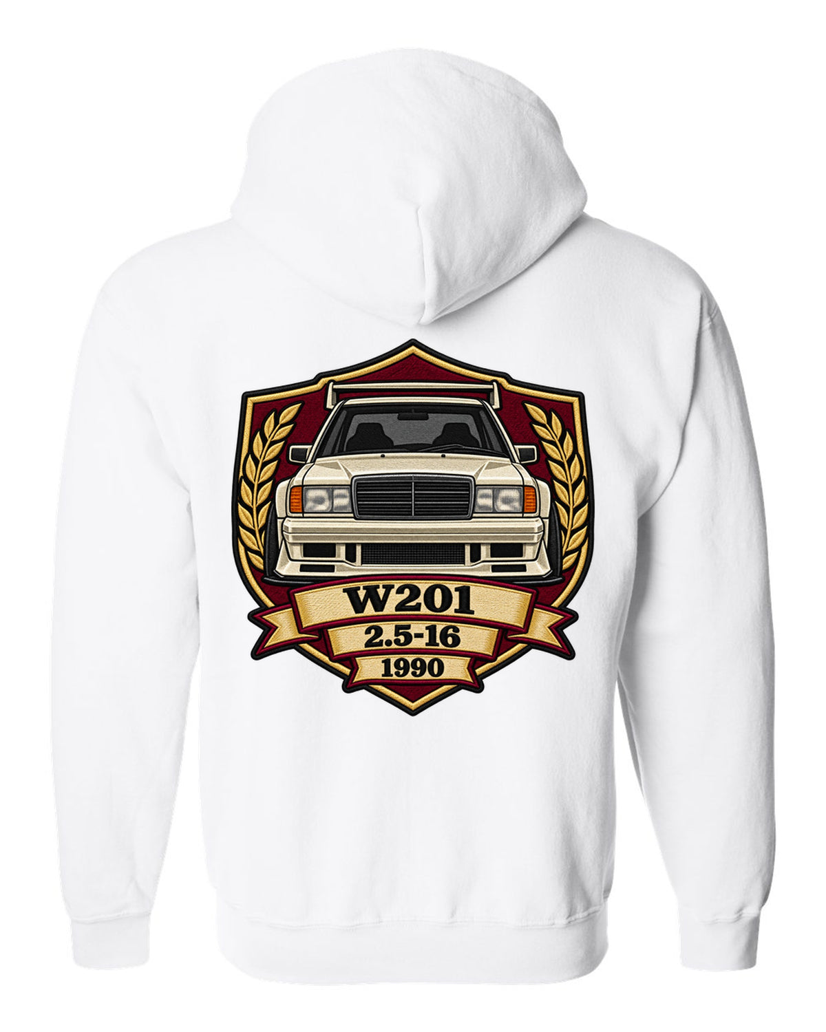 Embroidery-style shield crest print of a Mercedes-Benz 190E Evo II W201, 2.5-16, 1990 white zip hoodie back view with the design