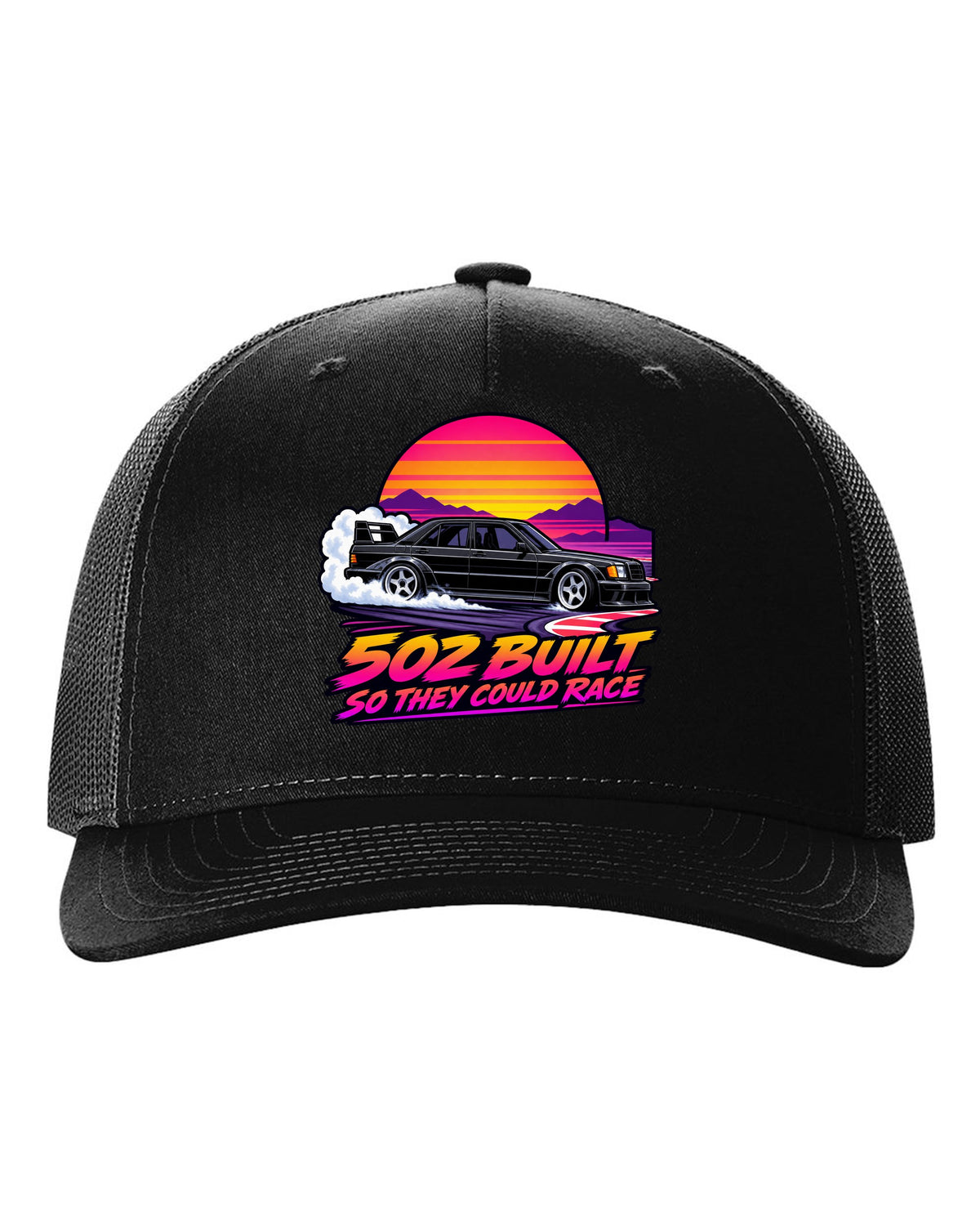 Flat vector eighties sunset gradient print of a Mercedes-Benz 190E Evo II W201 sliding through a chicane black hat front view with the design