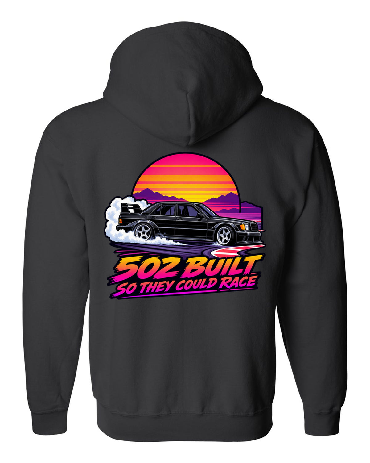 Flat vector eighties sunset gradient print of a Mercedes-Benz 190E Evo II W201 sliding through a chicane black zip hoodie back view with the design