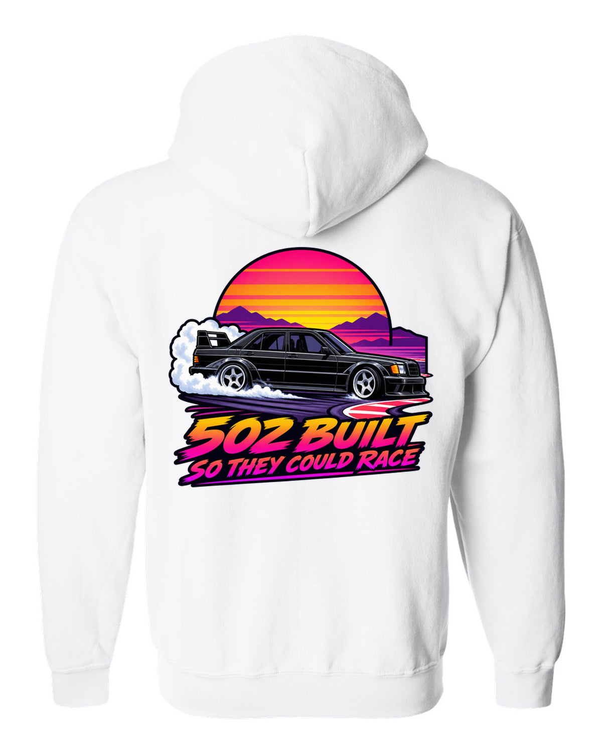 Flat vector eighties sunset gradient print of a Mercedes-Benz 190E Evo II W201 sliding through a chicane white zip hoodie back view with the design