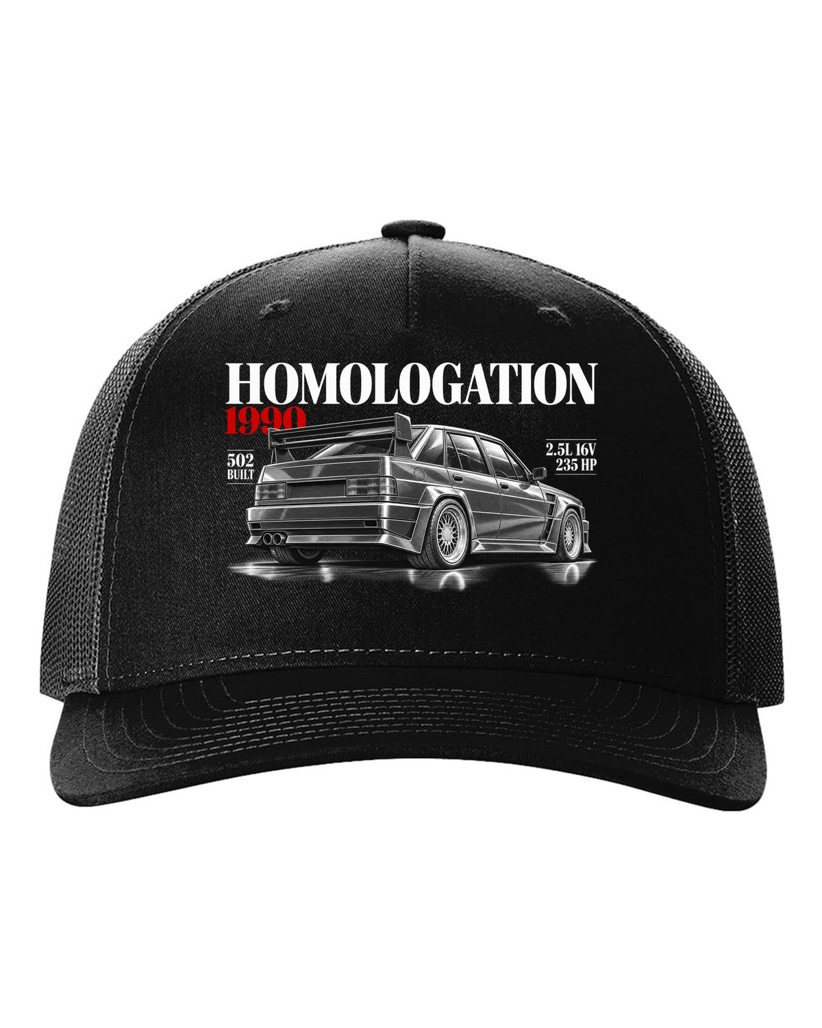 print editorial headline of a Mercedes 190E 2.5-16 Evolution II W201 with homologation 1990 502 built black hat front view with the design