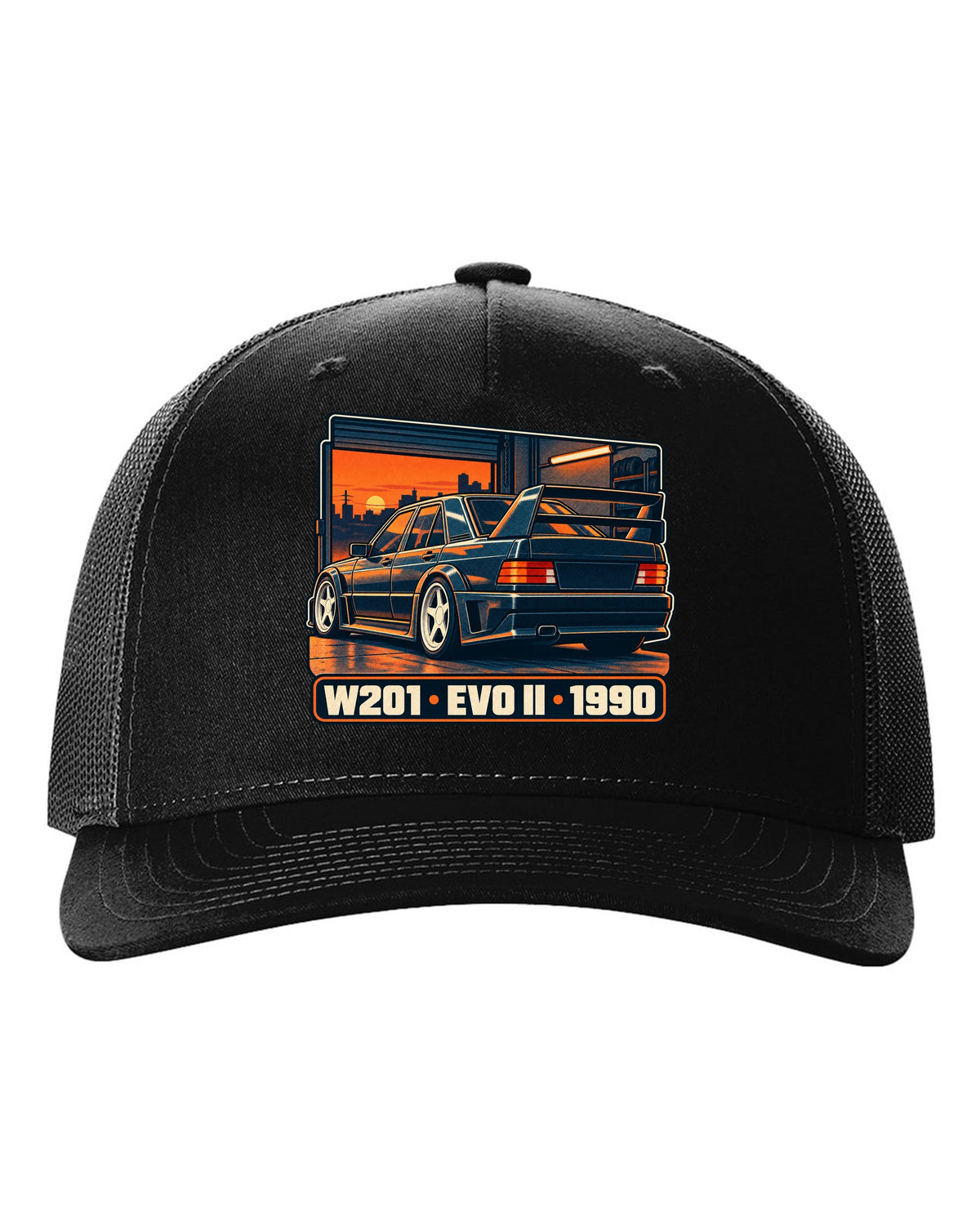 Risograph two-colour halftone print of a Mercedes-Benz 190E Evo II W201 in a garage at dusk black hat front view with the design