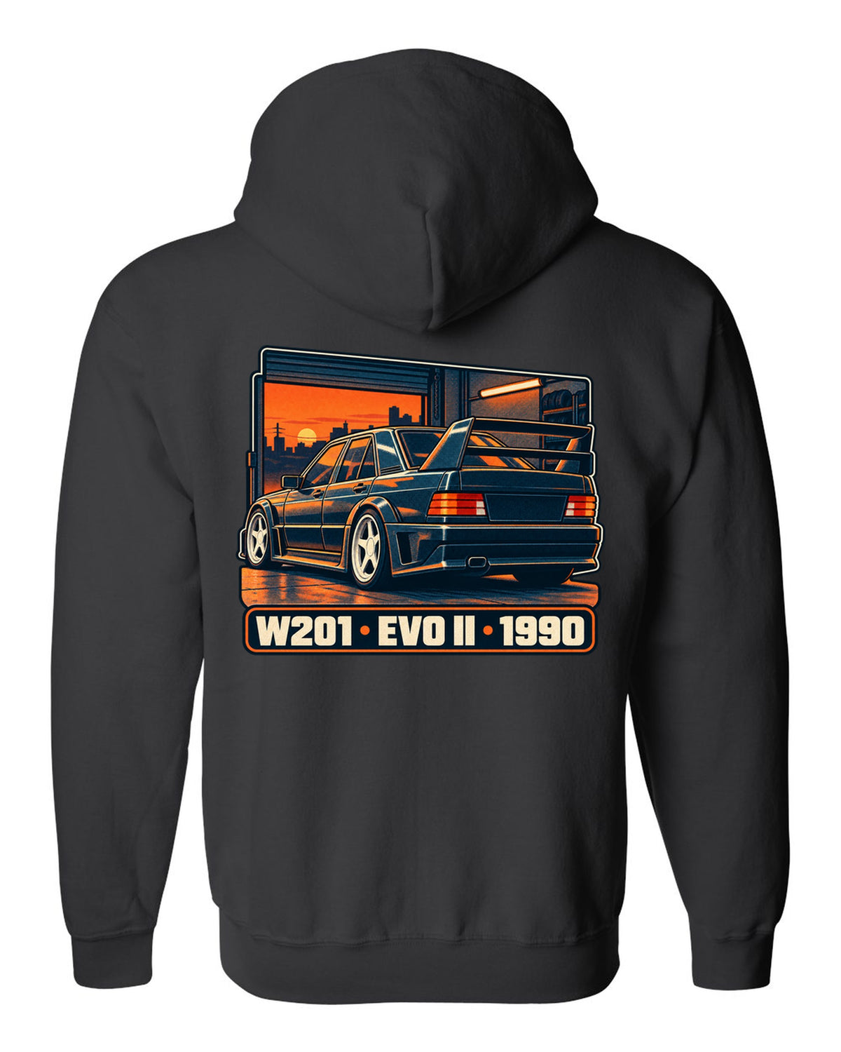 Risograph two-colour halftone print of a Mercedes-Benz 190E Evo II W201 in a garage at dusk black zip hoodie back view with the design