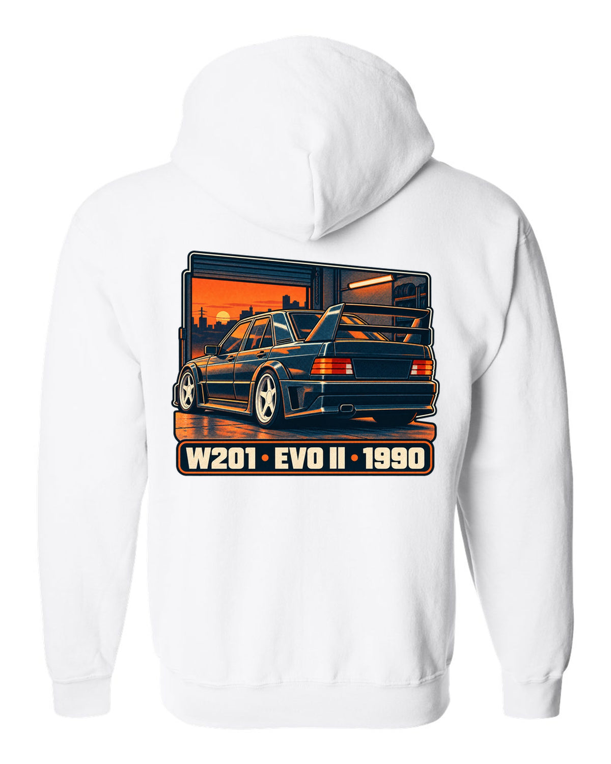 Risograph two-colour halftone print of a Mercedes-Benz 190E Evo II W201 in a garage at dusk white zip hoodie back view with the design