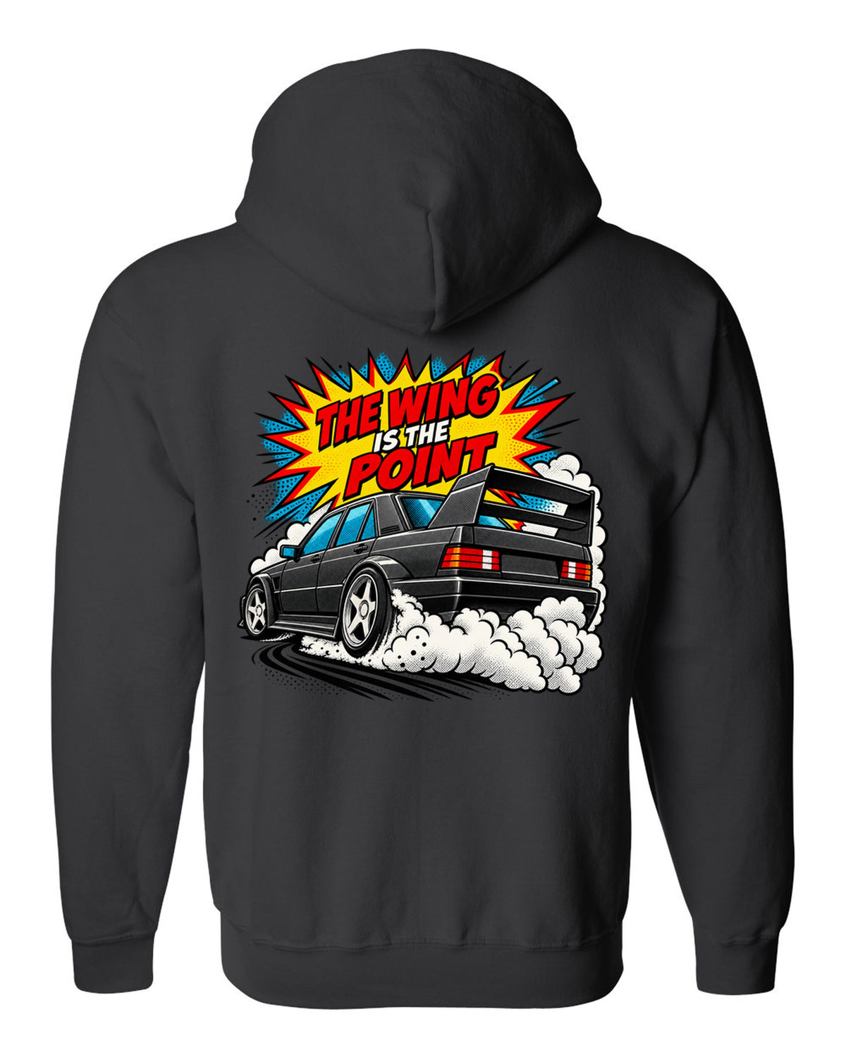Comic halftone pop-art print of a Mercedes 190E Evo II W201 with rear wing black zip hoodie back view with the design