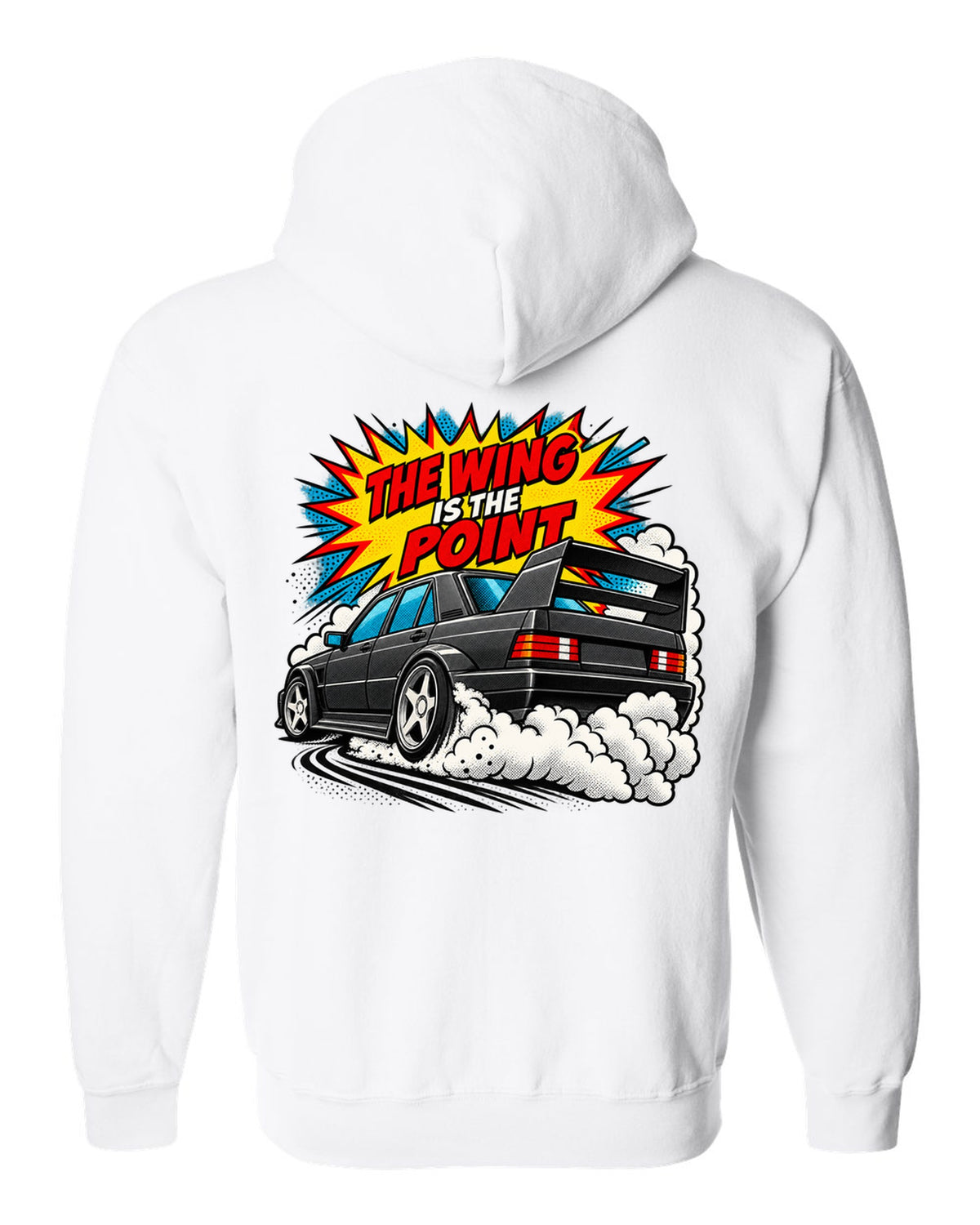 Comic halftone pop-art print of a Mercedes 190E Evo II W201 with rear wing white zip hoodie back view with the design