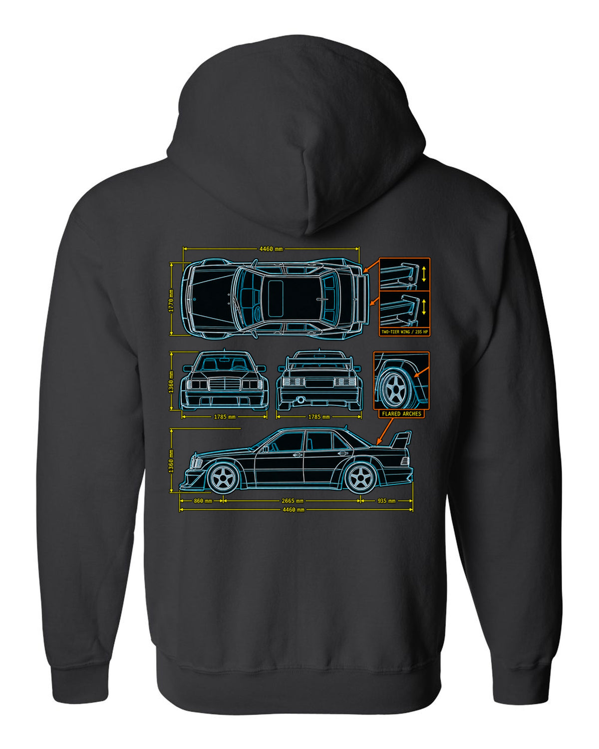 Technical blueprint top-down line art print of a Mercedes-Benz 190E Evo II W201 with two-tier wing black zip hoodie back view with the design