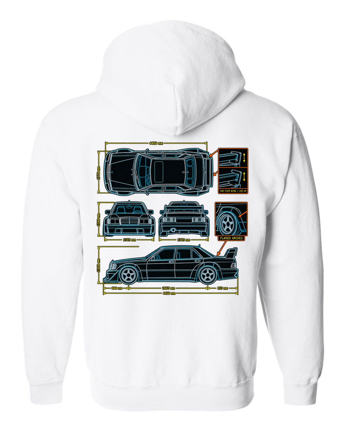 Technical blueprint top-down line art print of a Mercedes-Benz 190E Evo II W201 with two-tier wing white zip hoodie back view with the design