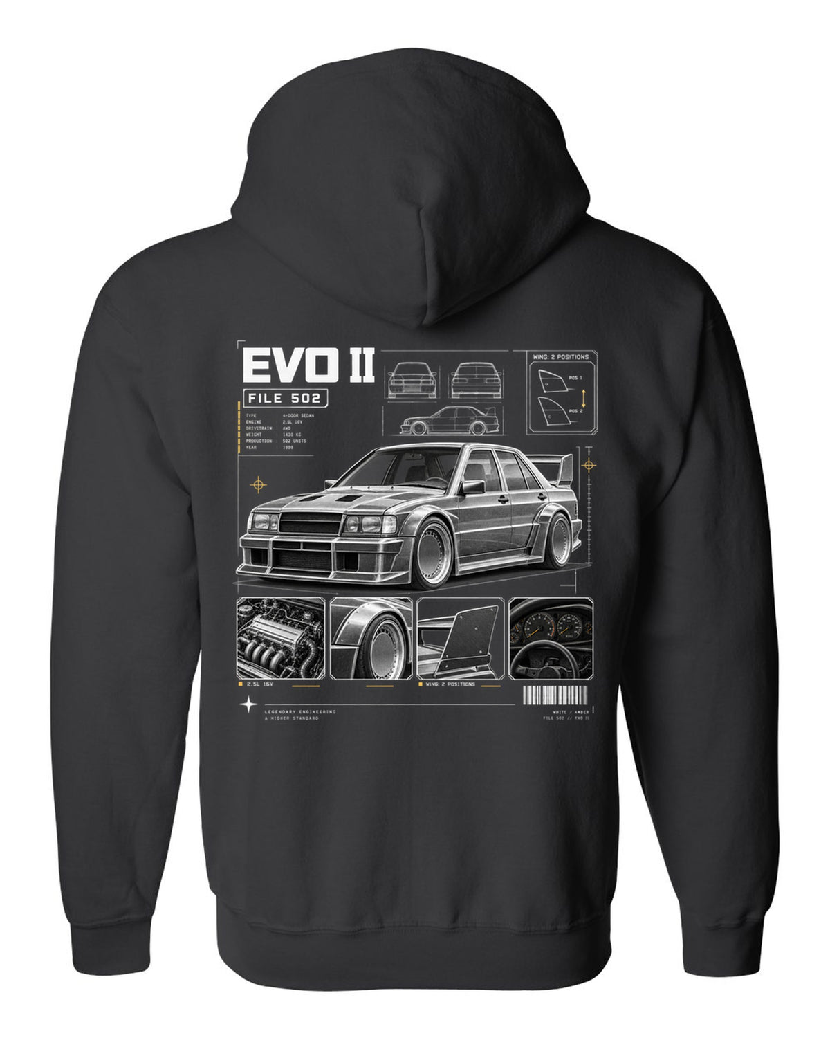 print dossier panels of a Mercedes 190E Evolution II W201 listing file 502, 2.5L 16V and wing positions black zip hoodie back view with the design