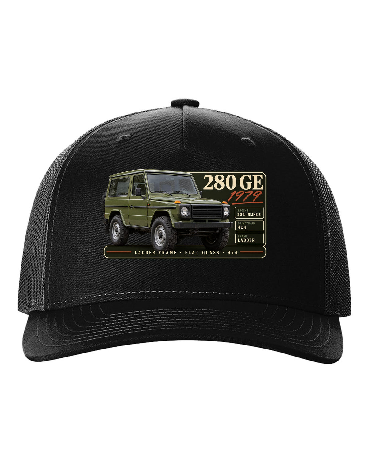 Archive panel print of a 1979 Mercedes 280 GE W460 with ladder frame, flat glass and 4x4 lettering black hat front view with the design