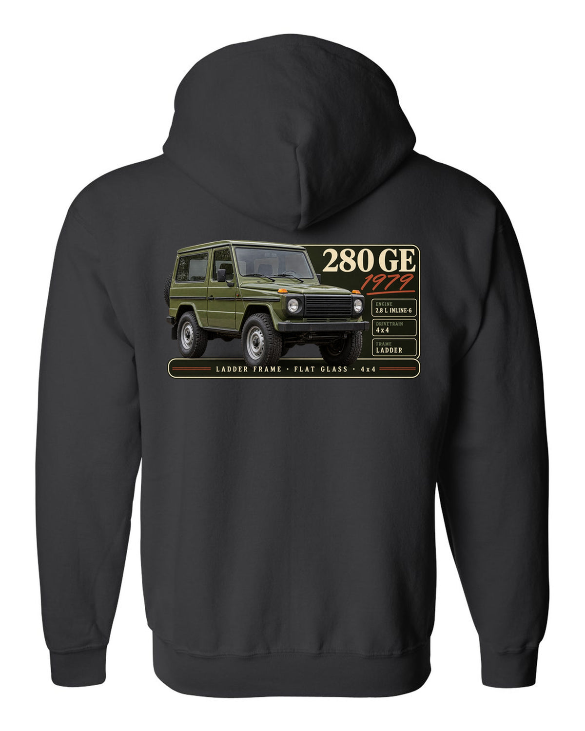 Archive panel print of a 1979 Mercedes 280 GE W460 with ladder frame, flat glass and 4x4 lettering black zip hoodie back view with the design