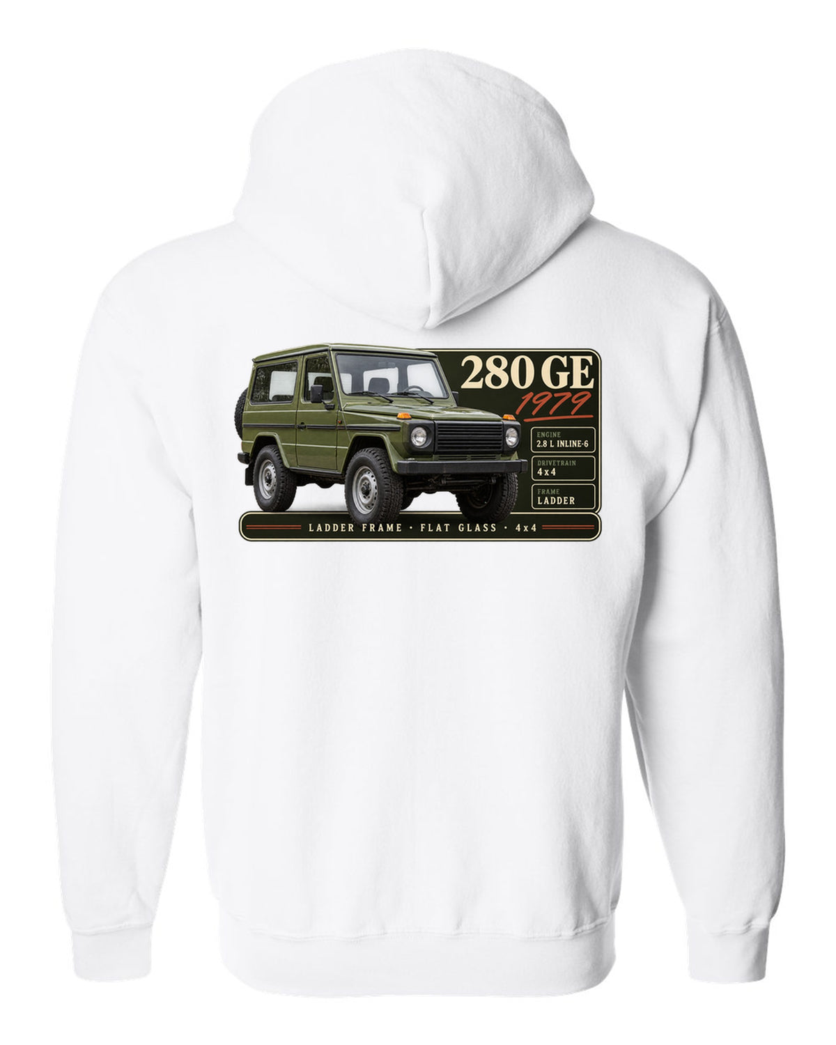 Archive panel print of a 1979 Mercedes 280 GE W460 with ladder frame, flat glass and 4x4 lettering white zip hoodie back view with the design
