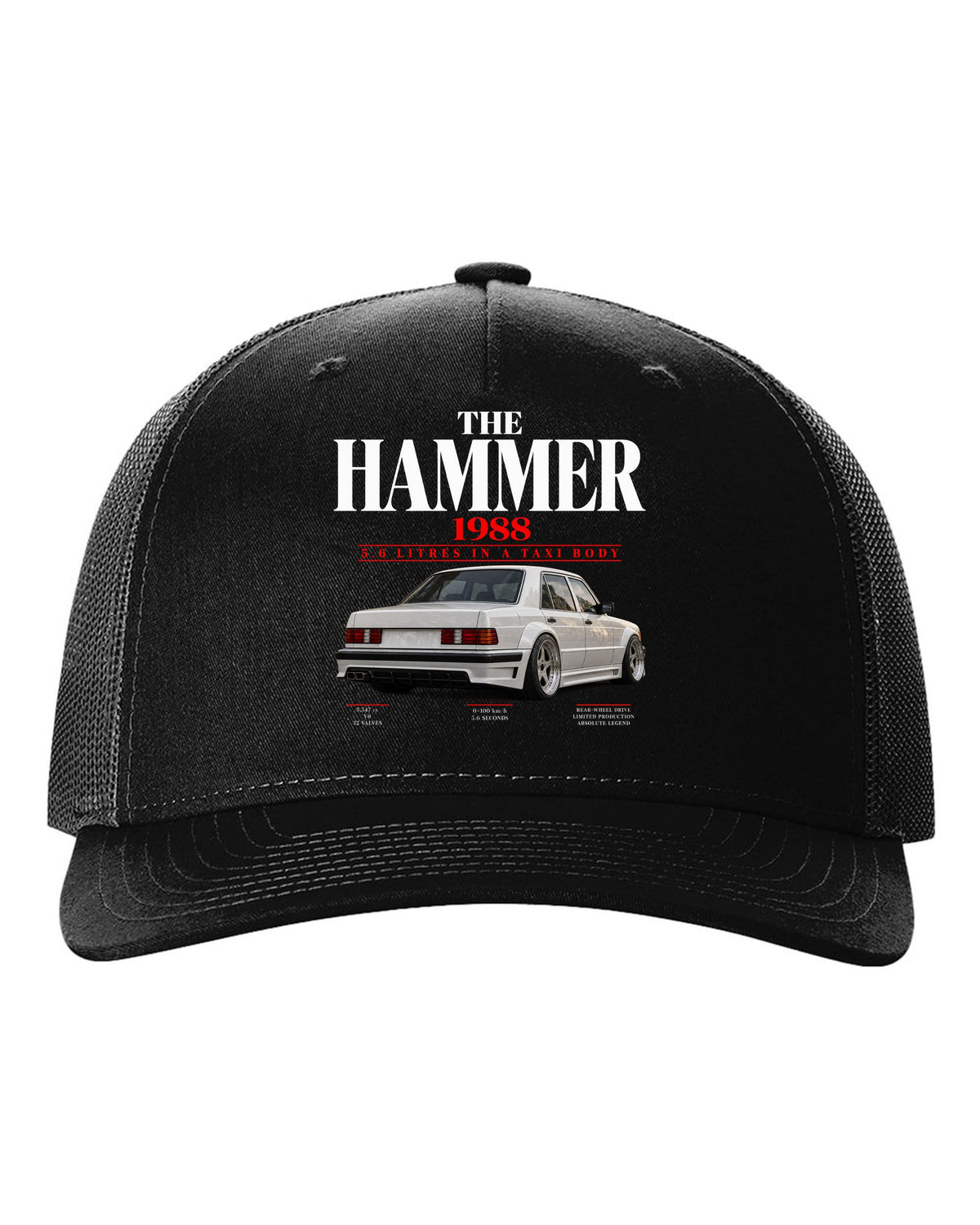 Mercedes 300E 5.6 AMG Hammer W124 editorial print with 1988 headline black hat front view with the design