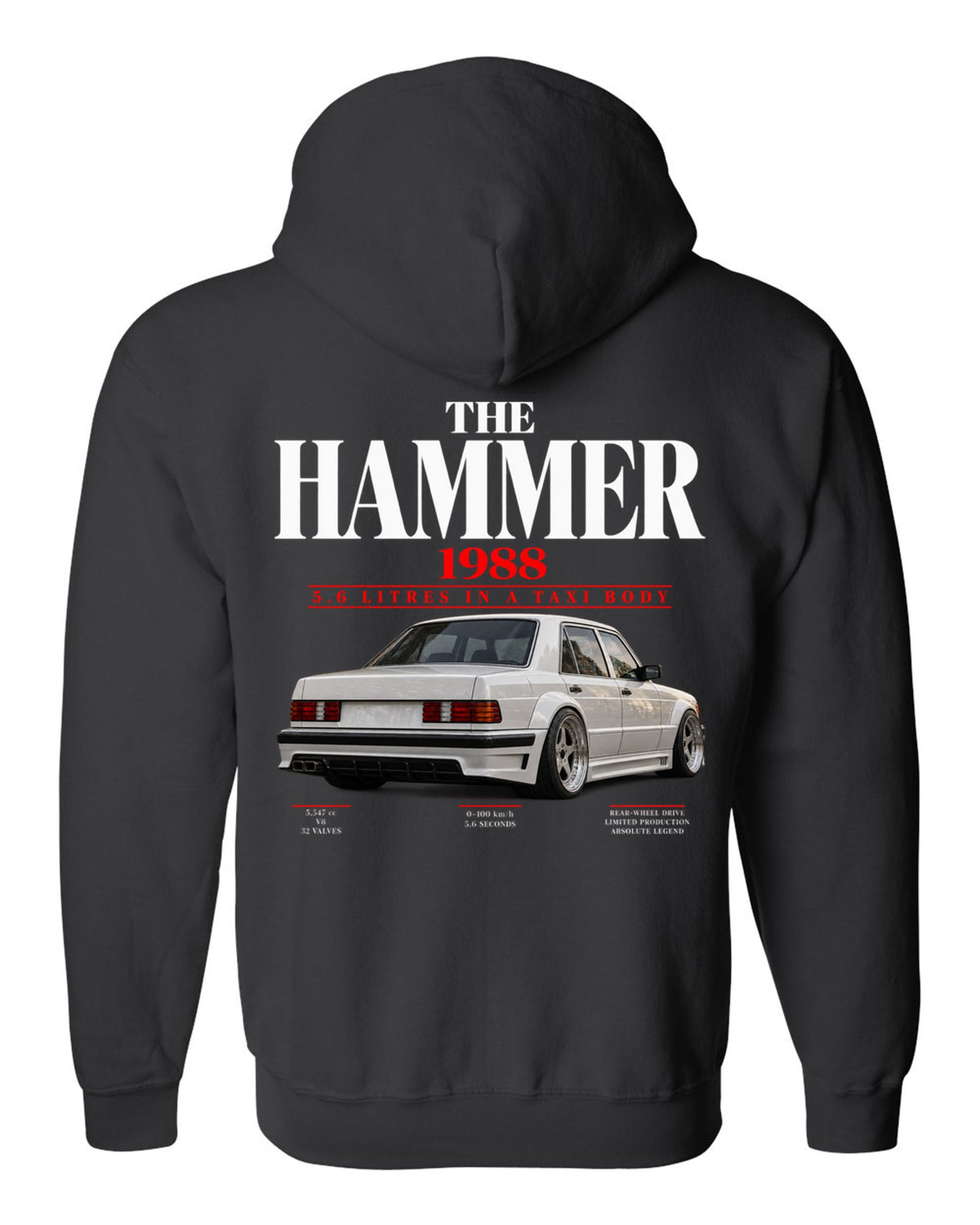 Mercedes 300E 5.6 AMG Hammer W124 editorial print with 1988 headline black zip hoodie back view with the design