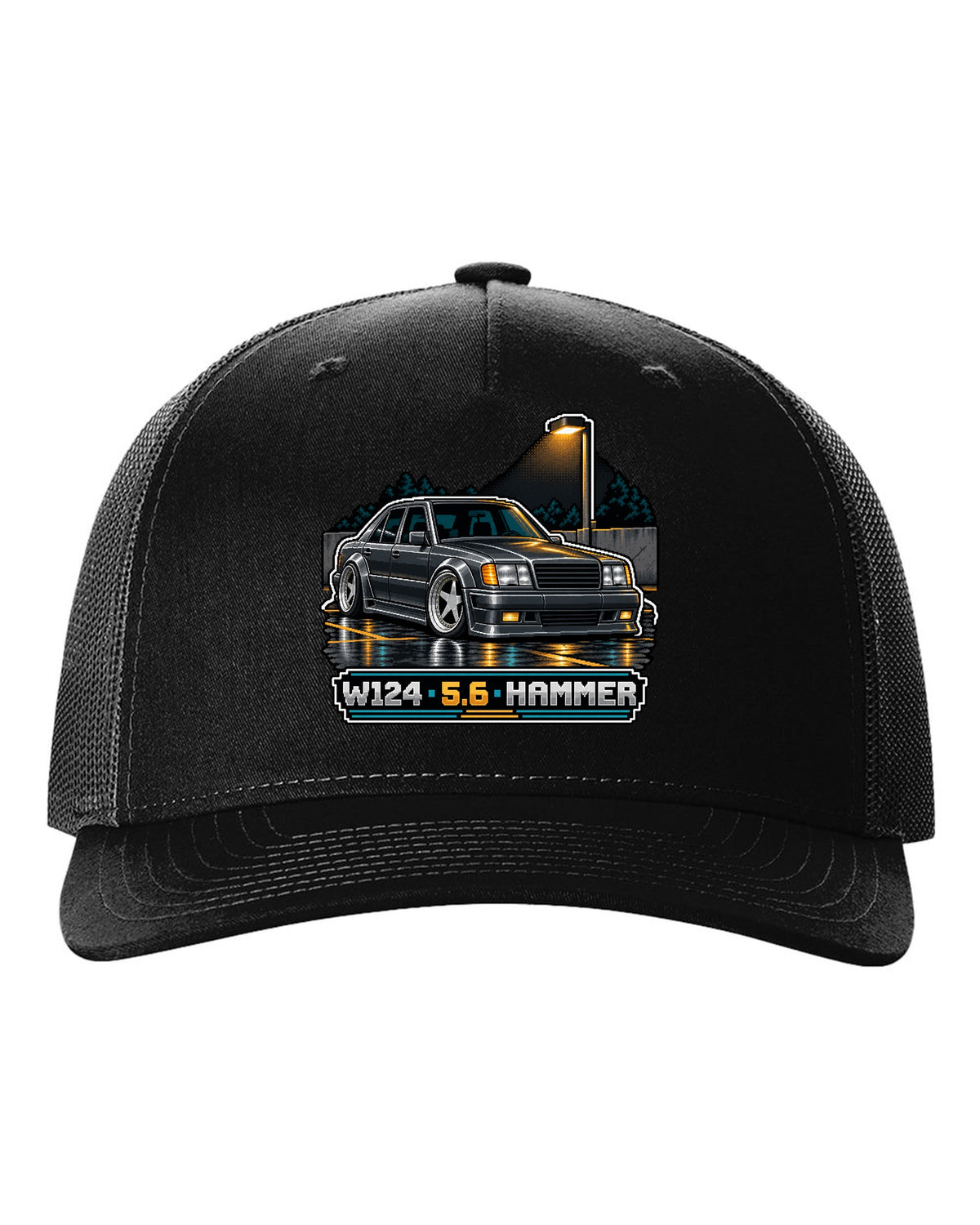 Pixel art Mercedes 300E 5.6 Hammer W124 parked in a car park black hat front view with the design
