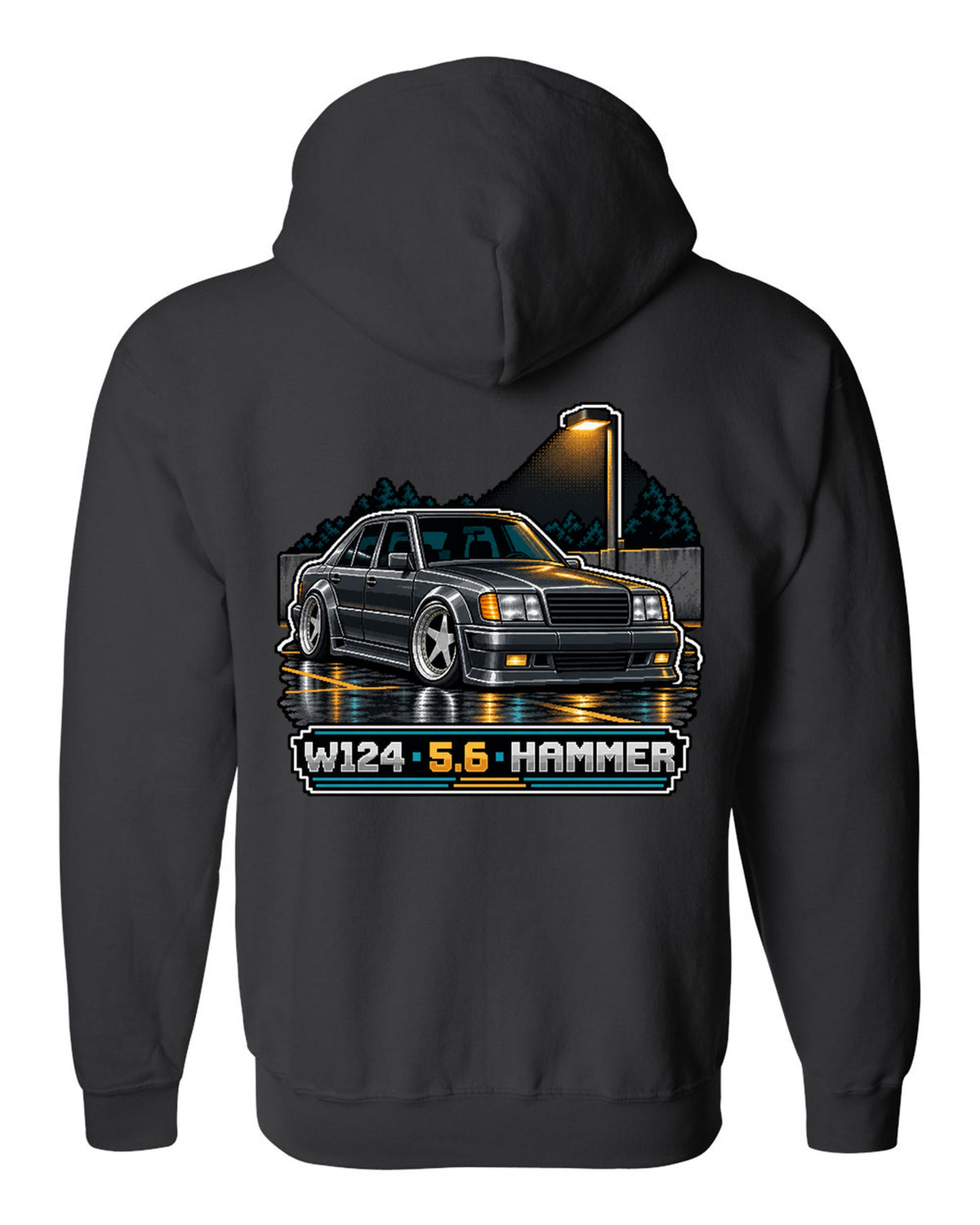 Pixel art Mercedes 300E 5.6 Hammer W124 parked in a car park black zip hoodie back view with the design