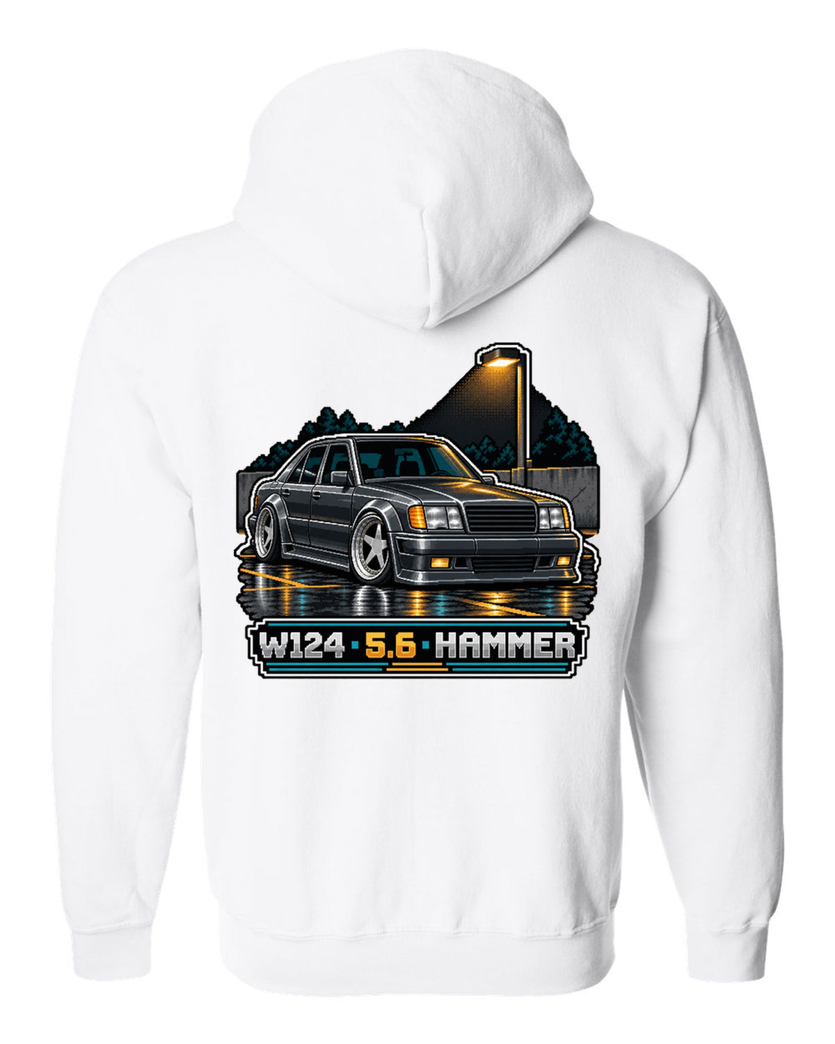 Pixel art Mercedes 300E 5.6 Hammer W124 parked in a car park white zip hoodie back view with the design