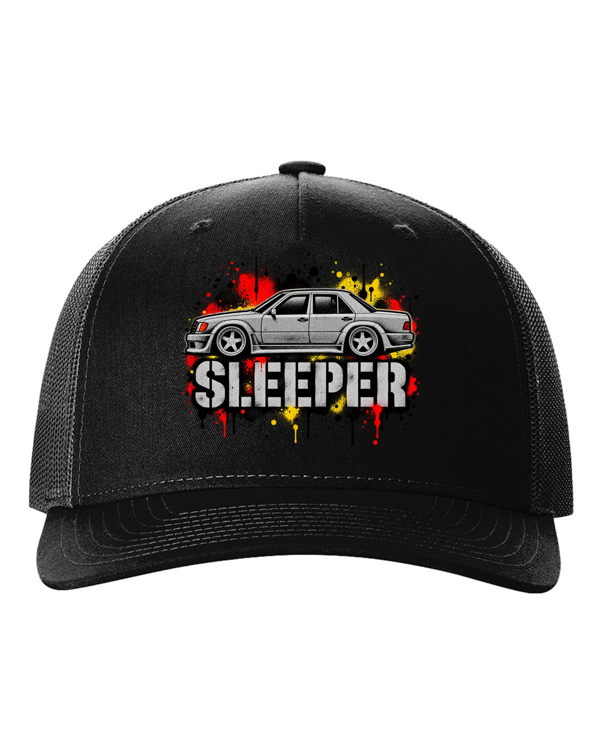 Embroidery-style varsity crest of a Mercedes 300E 5.6 Hammer W124 black hat front view with the design
