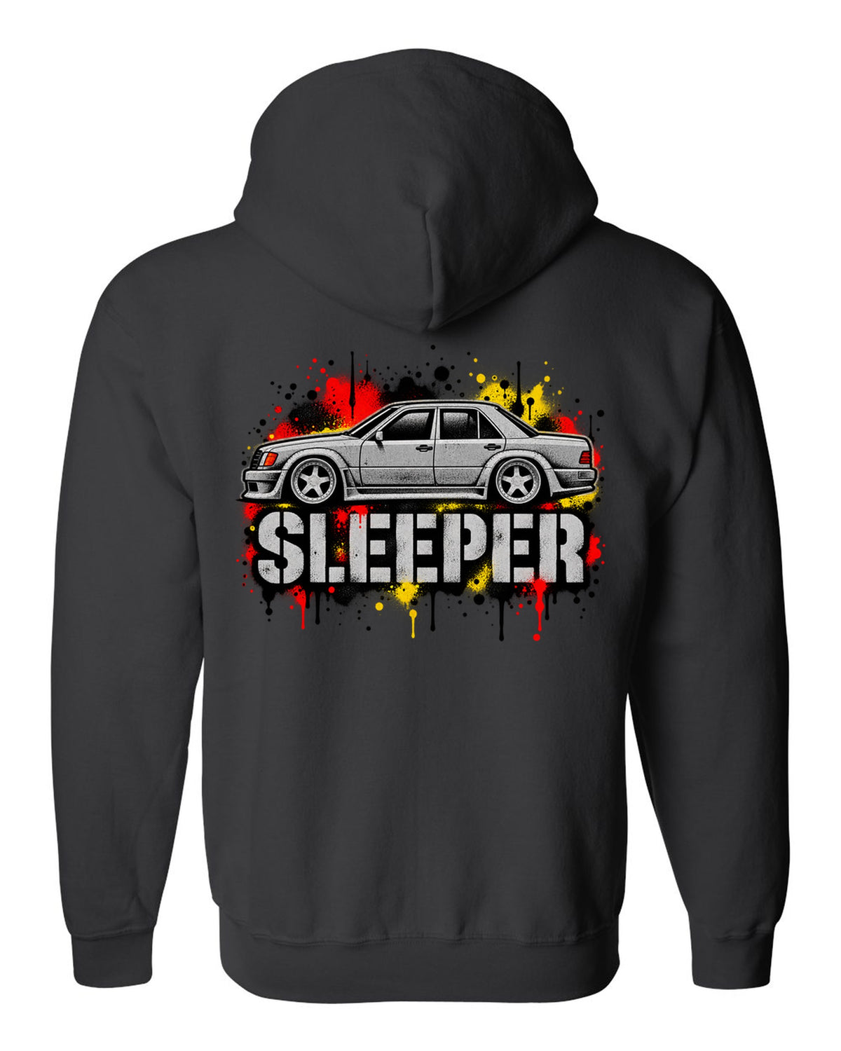 Embroidery-style varsity crest of a Mercedes 300E 5.6 Hammer W124 black zip hoodie back view with the design