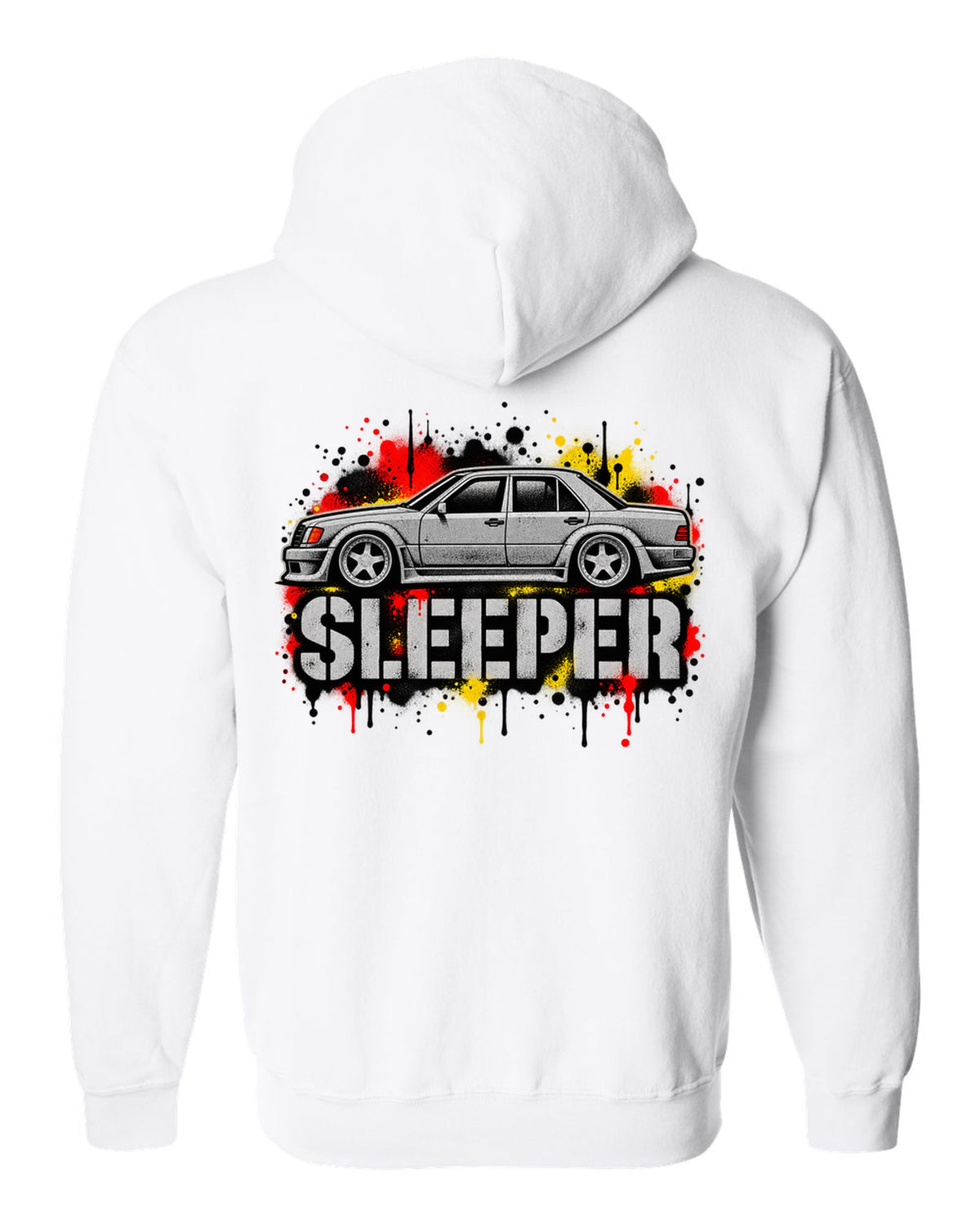 Embroidery-style varsity crest of a Mercedes 300E 5.6 Hammer W124 white zip hoodie back view with the design