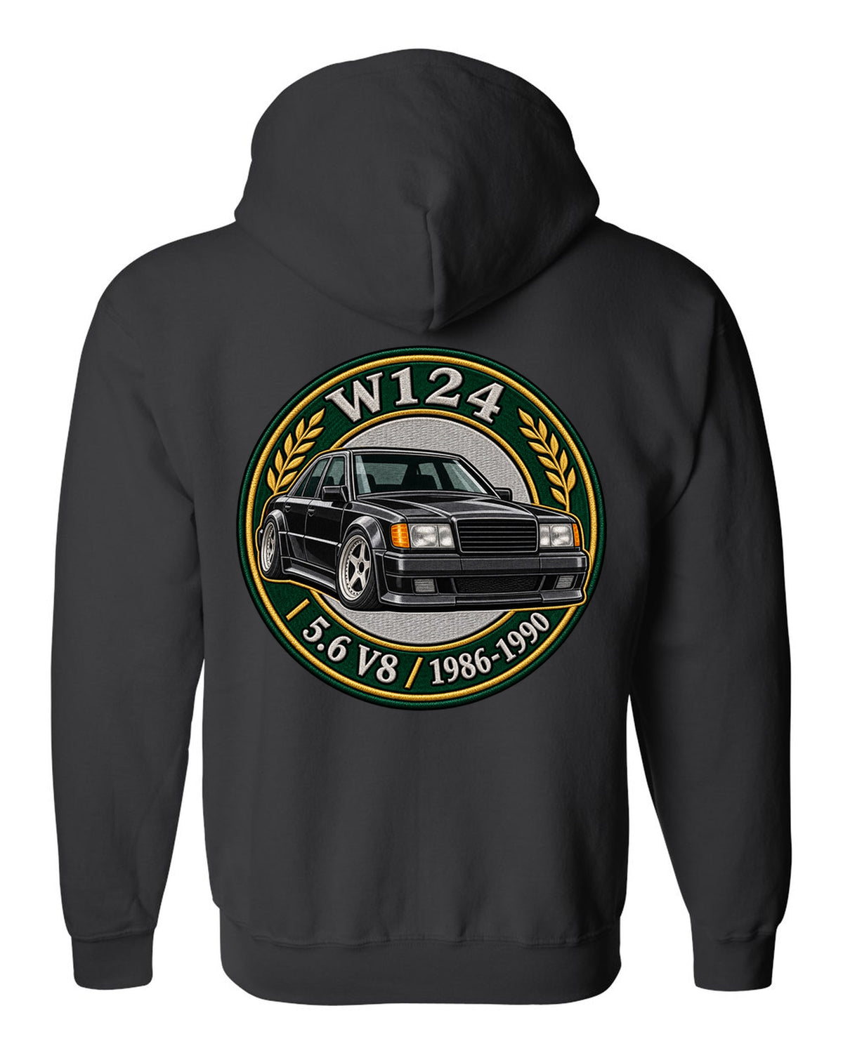 Stencil spray street art of a Mercedes 300E Hammer W124 with the word SLEEPER black zip hoodie back view with the design