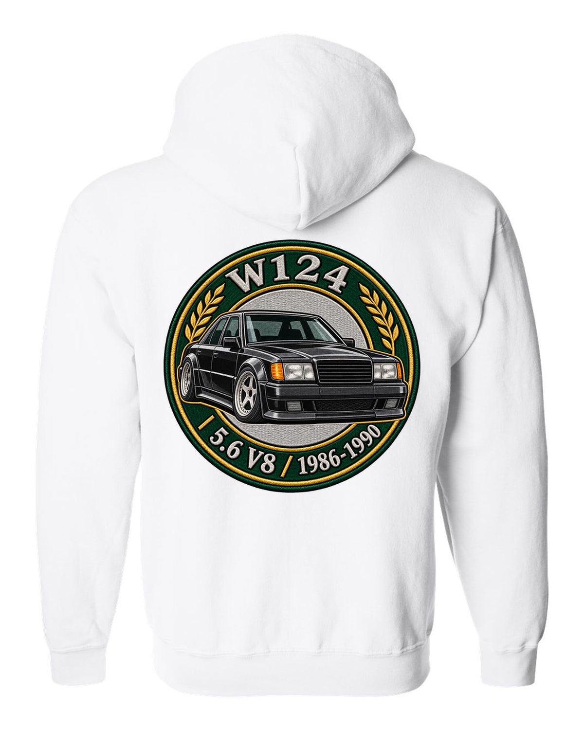 Stencil spray street art of a Mercedes 300E Hammer W124 with the word SLEEPER white zip hoodie back view with the design