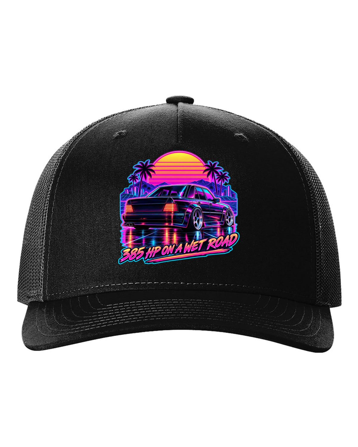 Synthwave outrun print of Mercedes 300E Hammer W124 taillights on a wet road black hat front view with the design