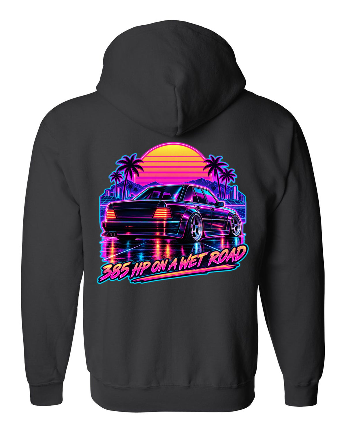 Synthwave outrun print of Mercedes 300E Hammer W124 taillights on a wet road black zip hoodie back view with the design