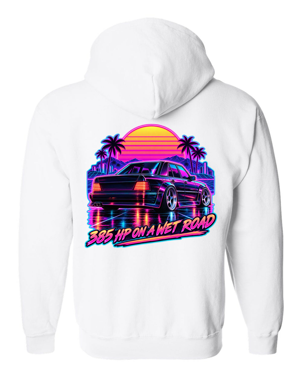 Synthwave outrun print of Mercedes 300E Hammer W124 taillights on a wet road white zip hoodie back view with the design