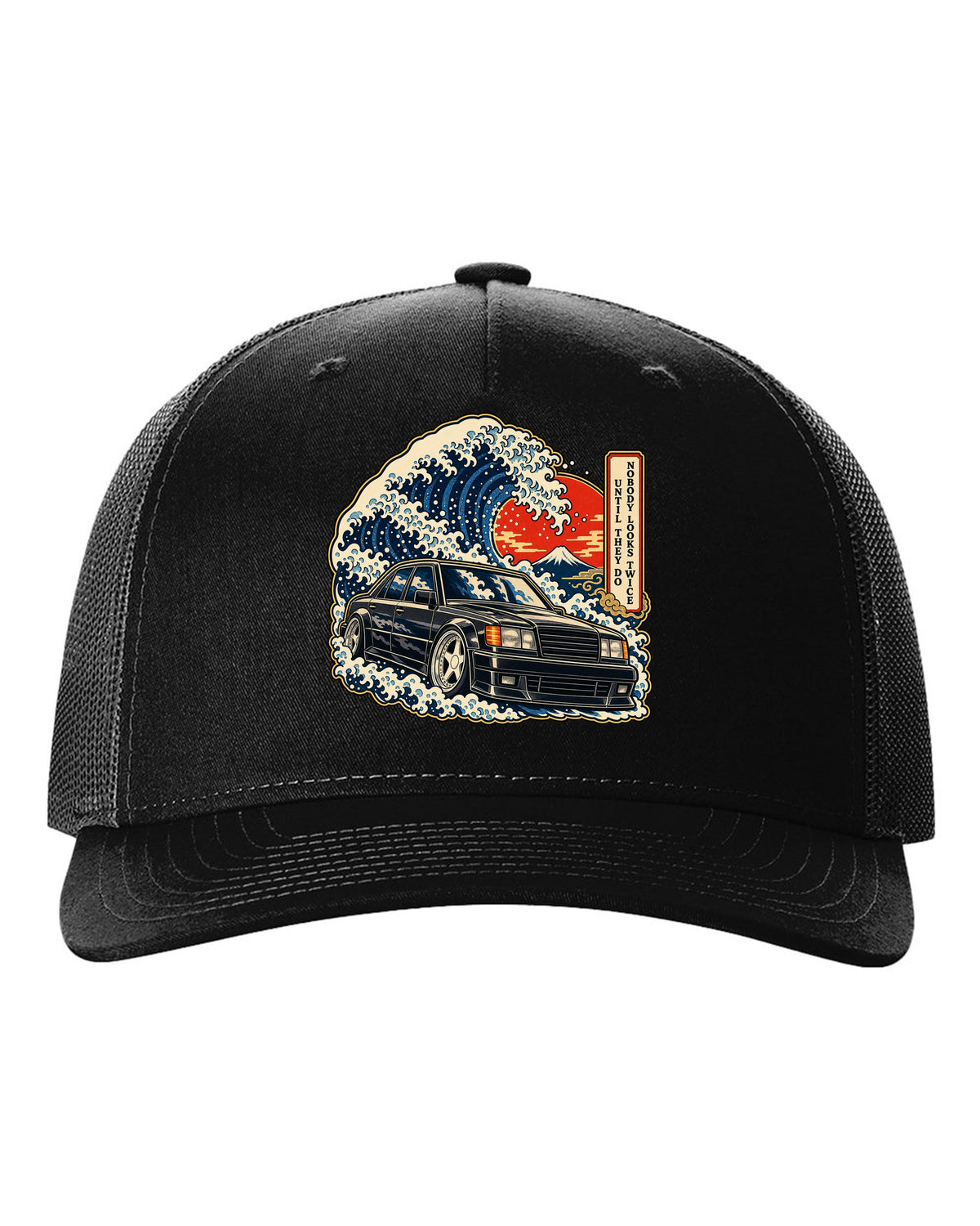 Ukiyo-e woodblock wave over a Mercedes 300E Hammer W124 with caption text black hat front view with the design