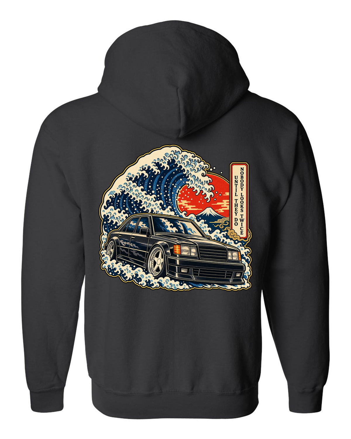 Ukiyo-e woodblock wave over a Mercedes 300E Hammer W124 with caption text black zip hoodie back view with the design