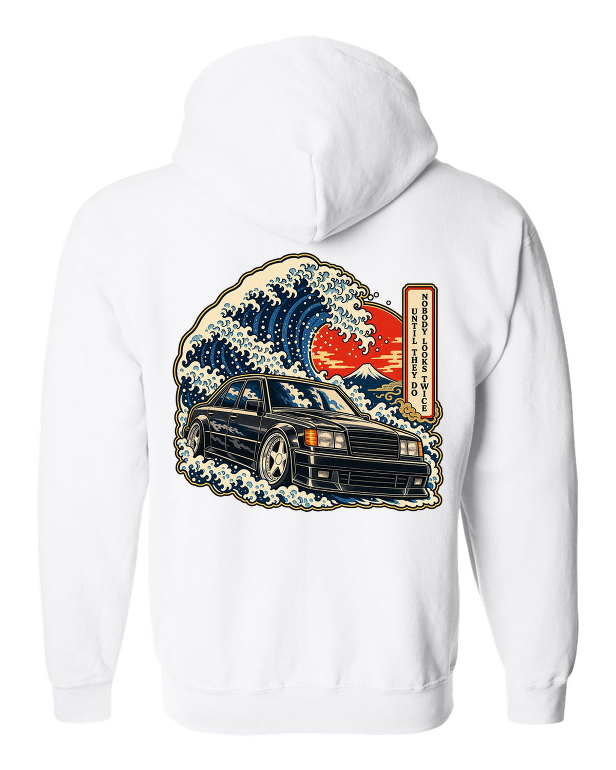 Ukiyo-e woodblock wave over a Mercedes 300E Hammer W124 with caption text white zip hoodie back view with the design
