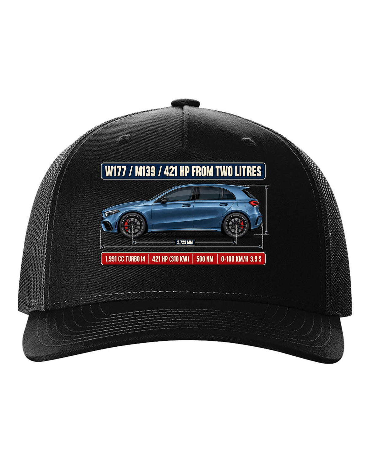 Mercedes-AMG A45 S W177 chback dimension blueprint print black hat front view with the design