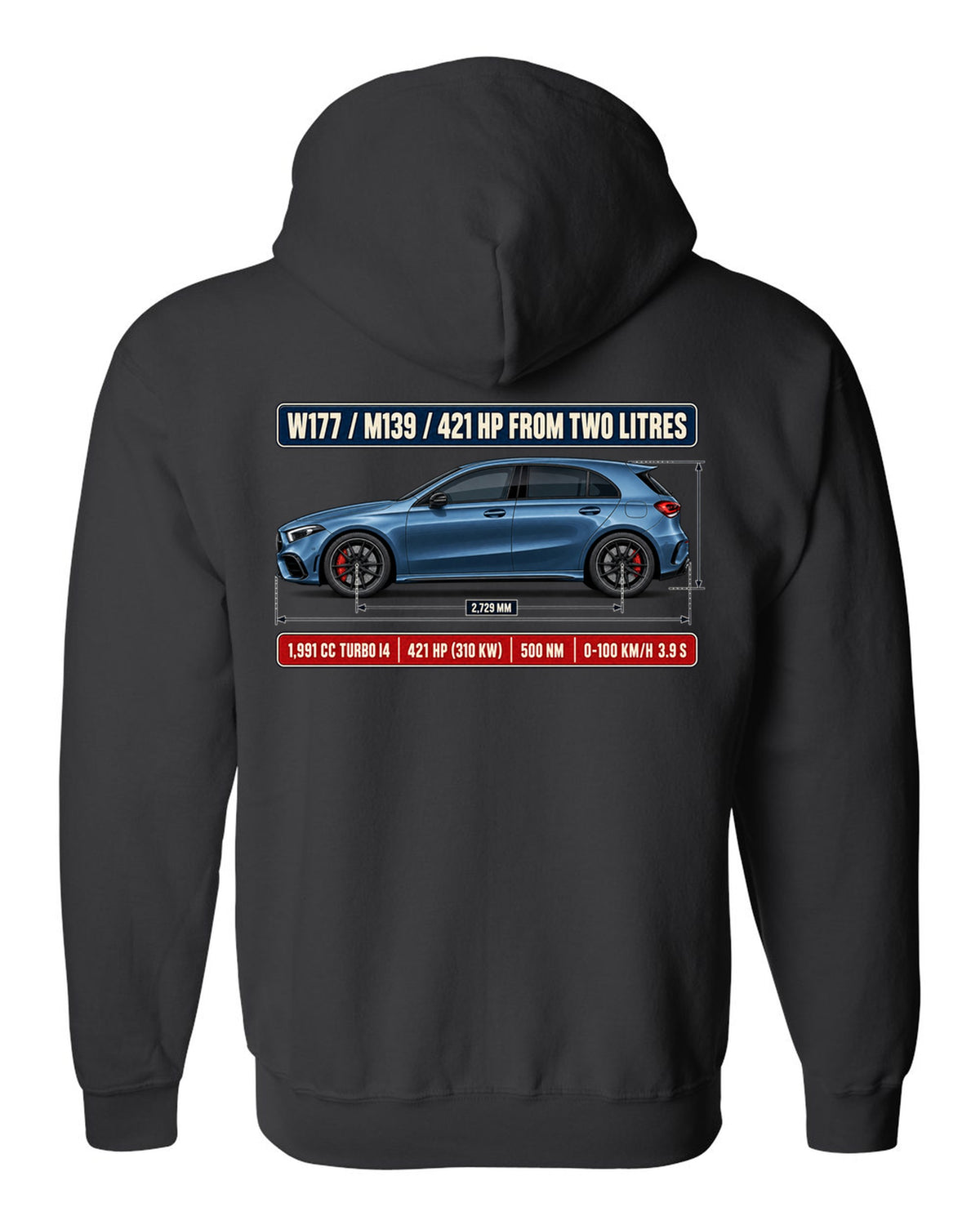 Mercedes-AMG A45 S W177 chback dimension blueprint print black zip hoodie back view with the design