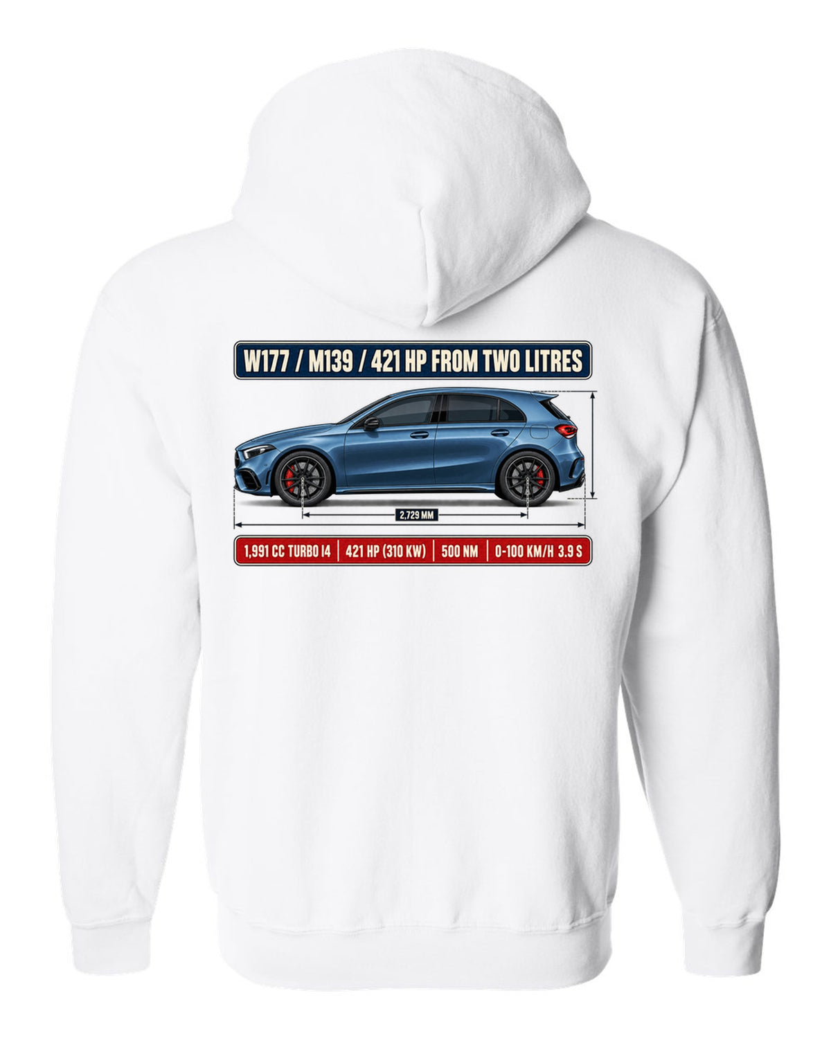 Mercedes-AMG A45 S W177 chback dimension blueprint print white zip hoodie back view with the design