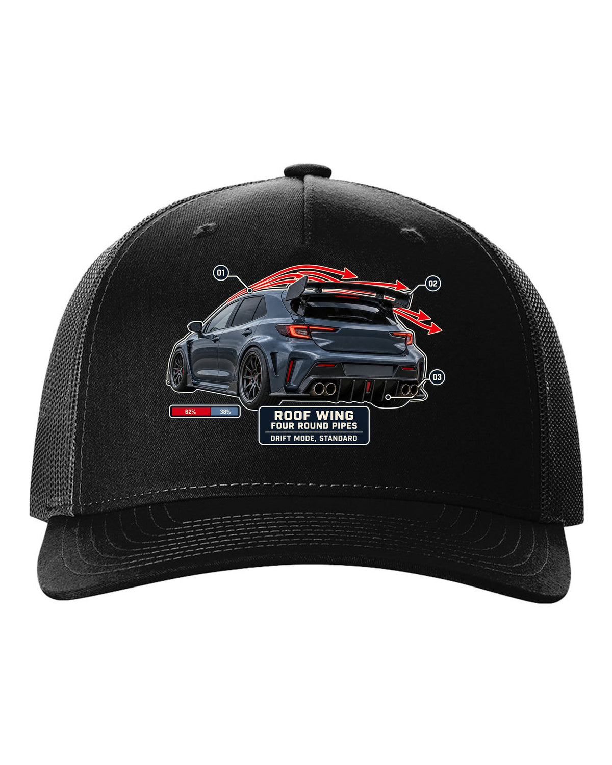Mercedes-AMG A45 S W177 rear three-quarter with aero callout labels print black hat front view with the design