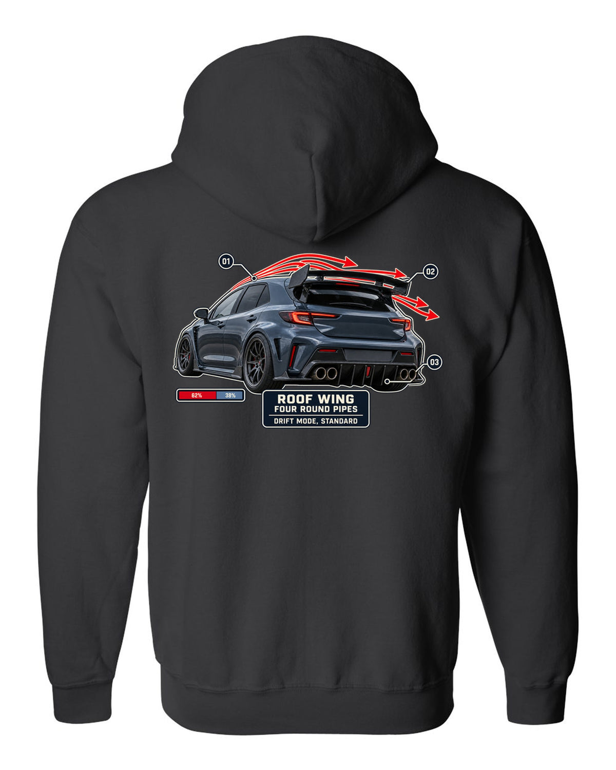 Mercedes-AMG A45 S W177 rear three-quarter with aero callout labels print black zip hoodie back view with the design