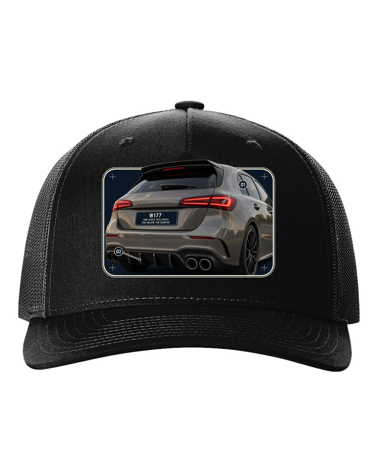 Mercedes-AMG A45 S W177 rear taillight macro detail print black hat front view with the design