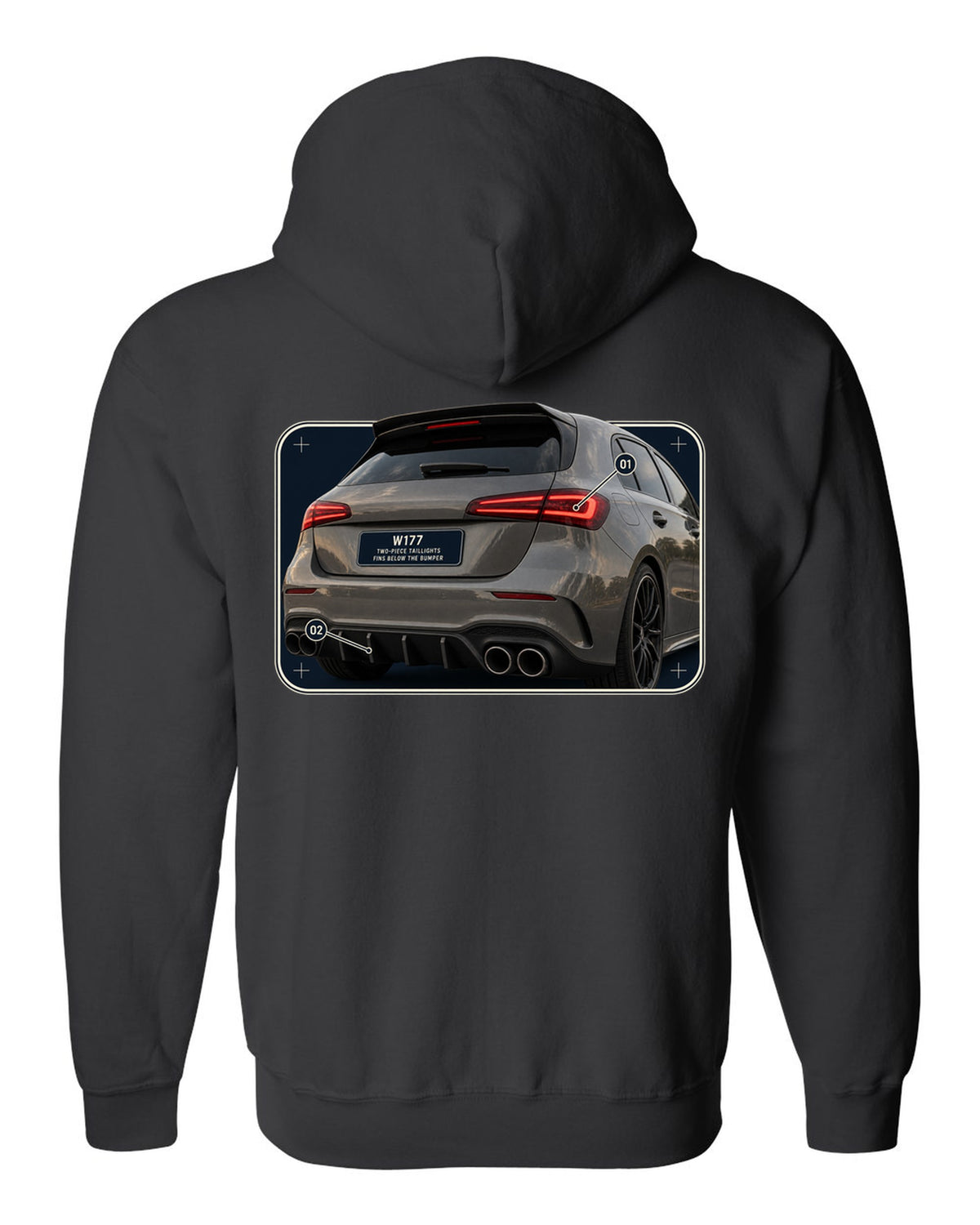 Mercedes-AMG A45 S W177 rear taillight macro detail print black zip hoodie back view with the design
