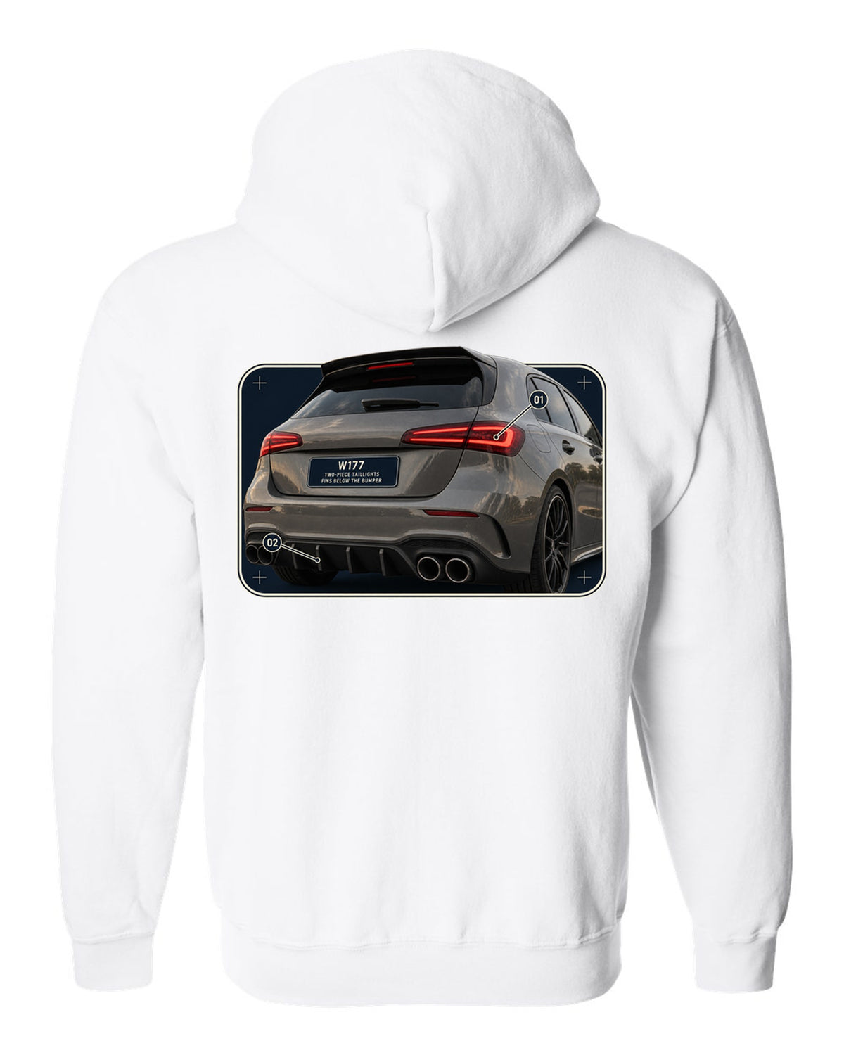 Mercedes-AMG A45 S W177 rear taillight macro detail print white zip hoodie back view with the design