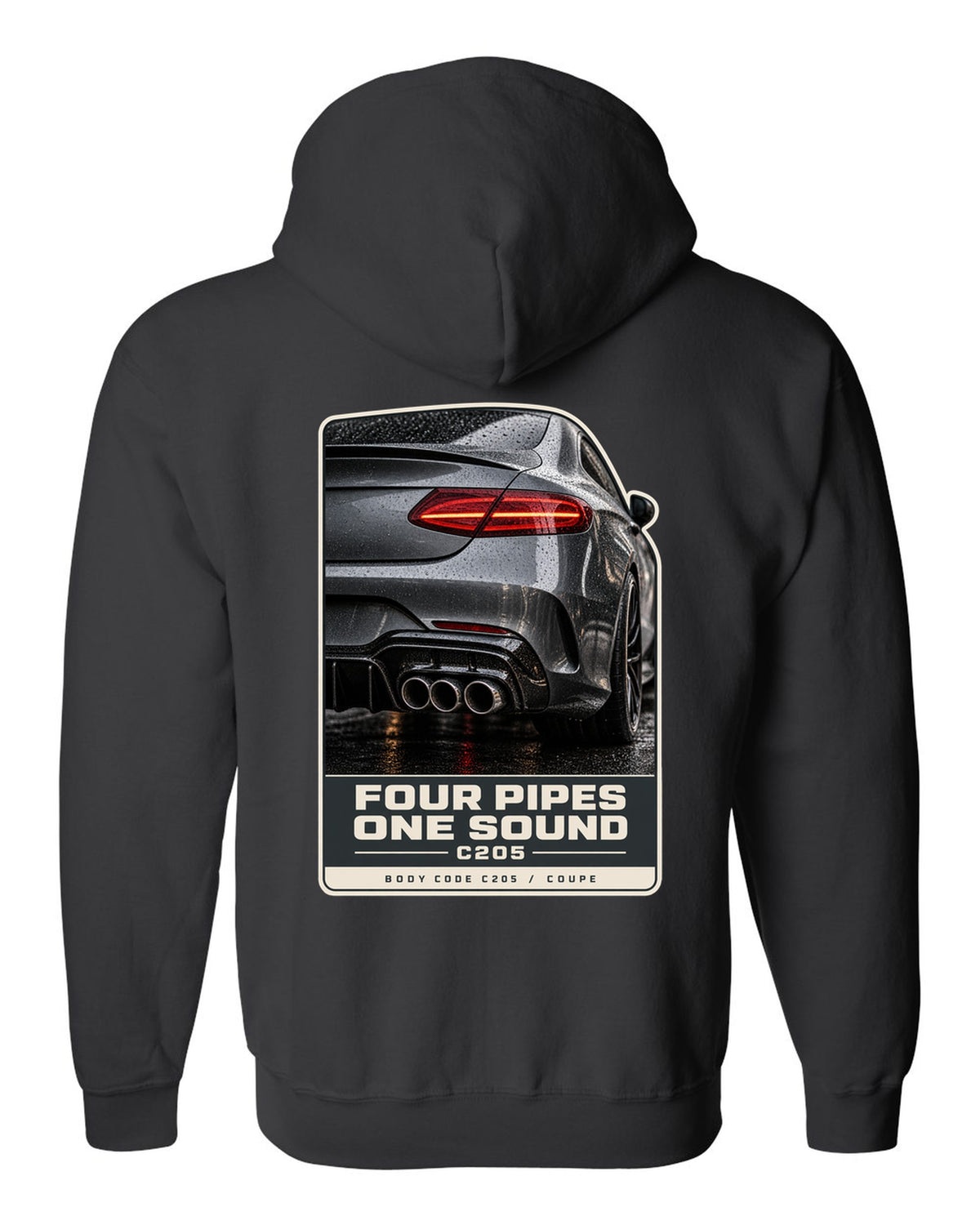 Mercedes-AMG C63 Coupe C205 rear taillight and four-pipe exhaust macro black zip hoodie back view with the design