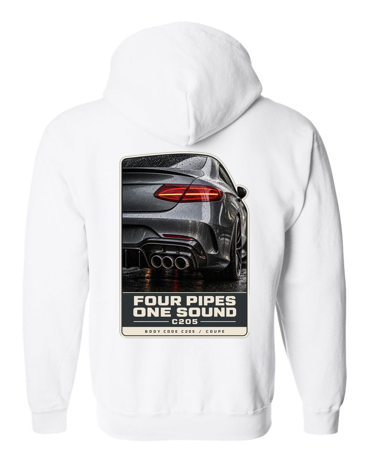 Mercedes-AMG C63 Coupe C205 rear taillight and four-pipe exhaust macro white zip hoodie back view with the design