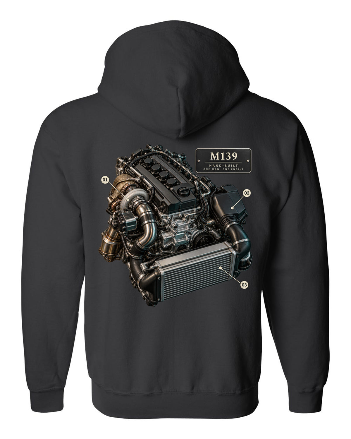 Mercedes-AMG C63 S E Performance W206 M139 engine illustration black zip hoodie back view with the design