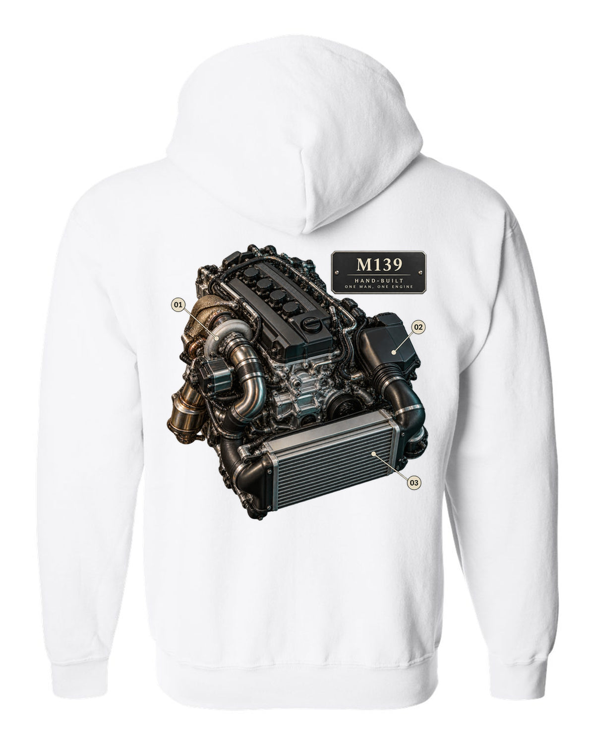 Mercedes-AMG C63 S E Performance W206 M139 engine illustration white zip hoodie back view with the design