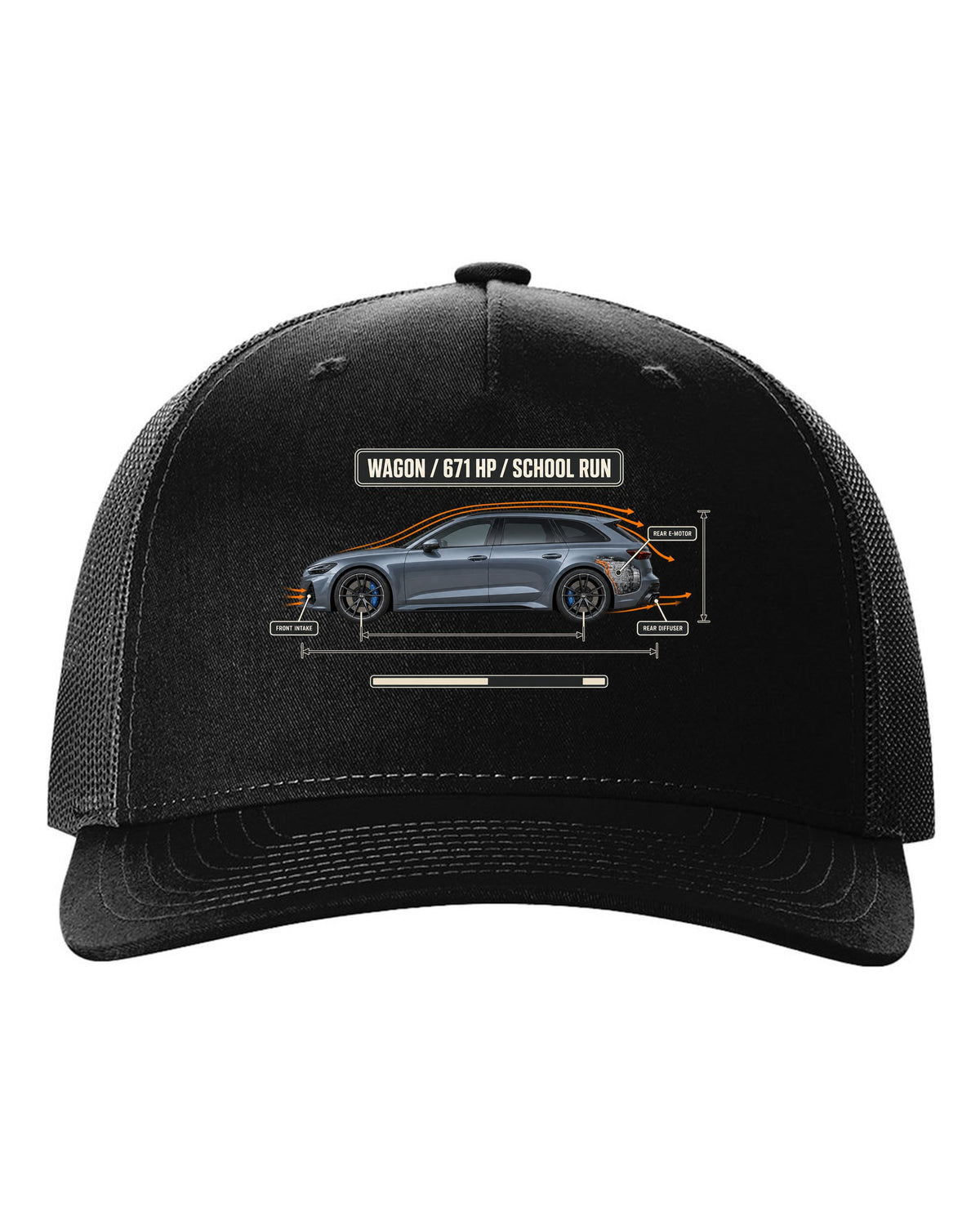 Mercedes-AMG C63 S E Performance S206 estate aero callout diagram black hat front view with the design
