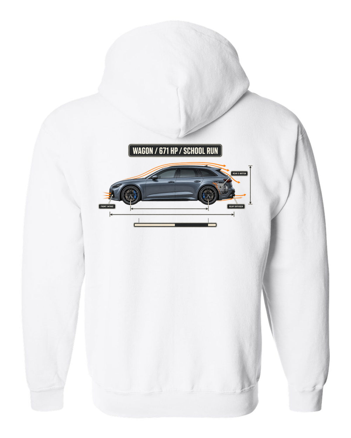 Mercedes-AMG C63 S E Performance S206 estate aero callout diagram white zip hoodie back view with the design