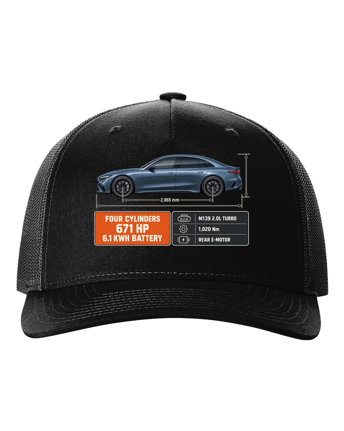 Mercedes-AMG C63 S E Performance W206 blueprint with dimension lines black hat front view with the design