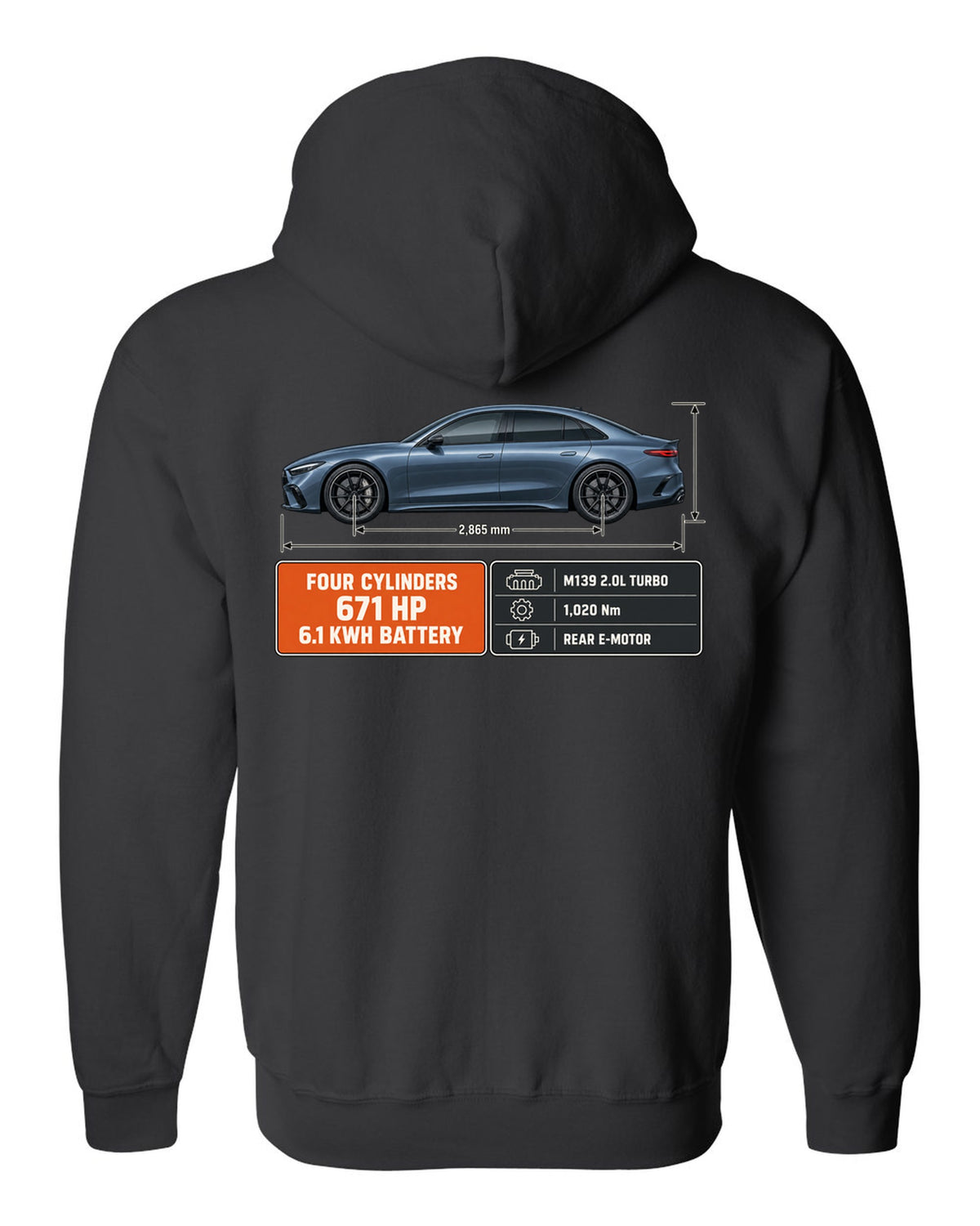 Mercedes-AMG C63 S E Performance W206 blueprint with dimension lines black zip hoodie back view with the design
