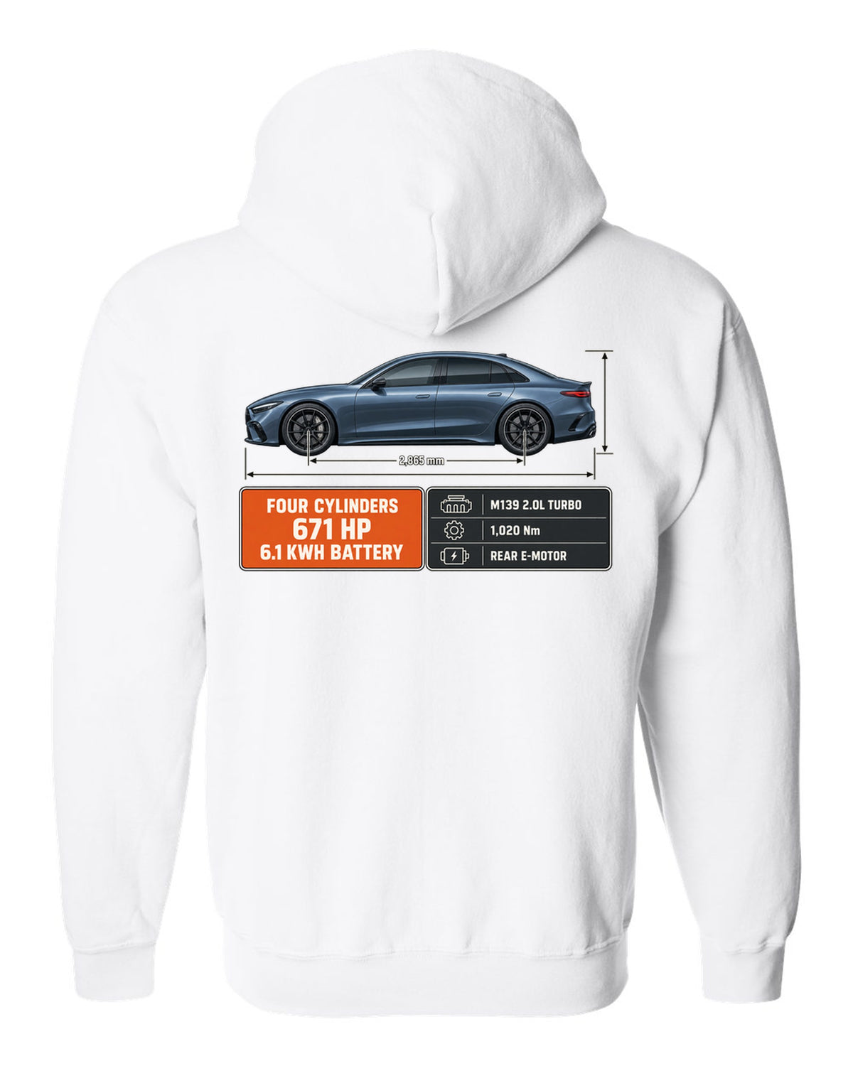 Mercedes-AMG C63 S E Performance W206 blueprint with dimension lines white zip hoodie back view with the design